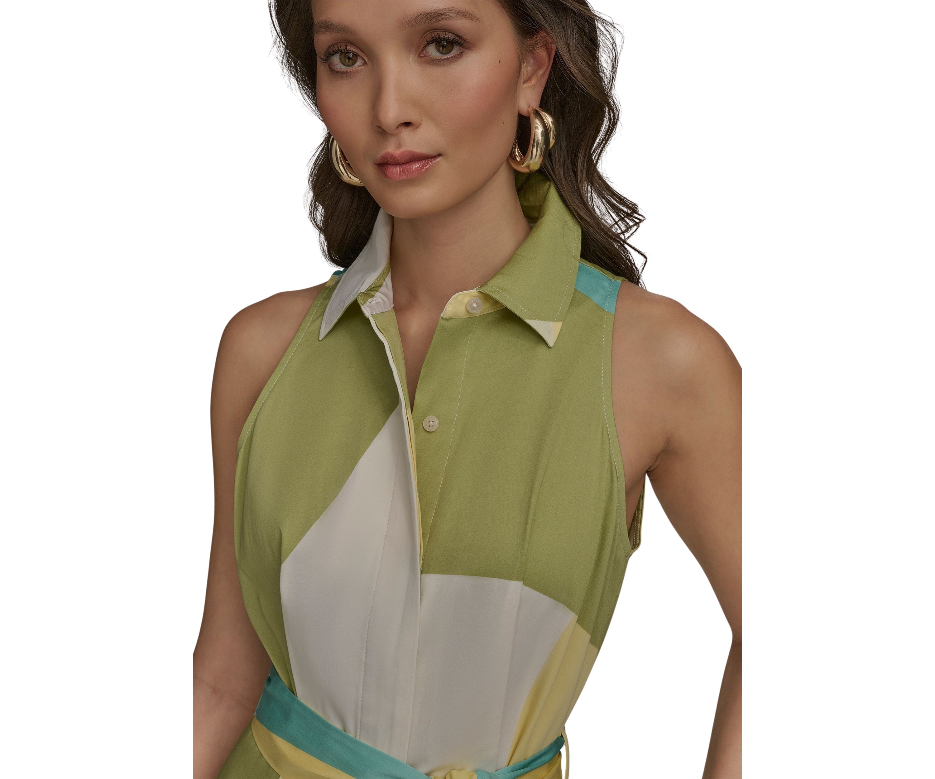 Womens Sleeveless Collar Geometric Print Belted Maxi Dress 