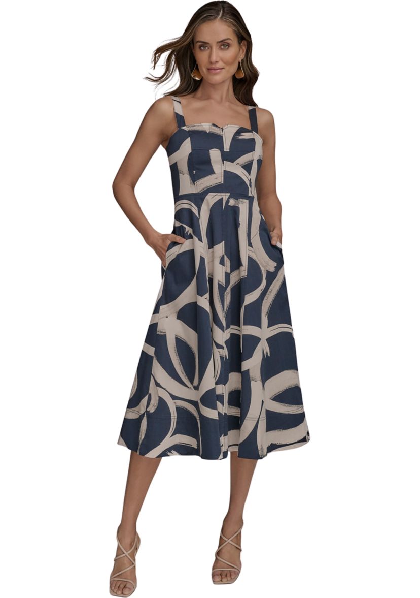 Womens Sleeveless Square Neck Floral Print Midi Dress