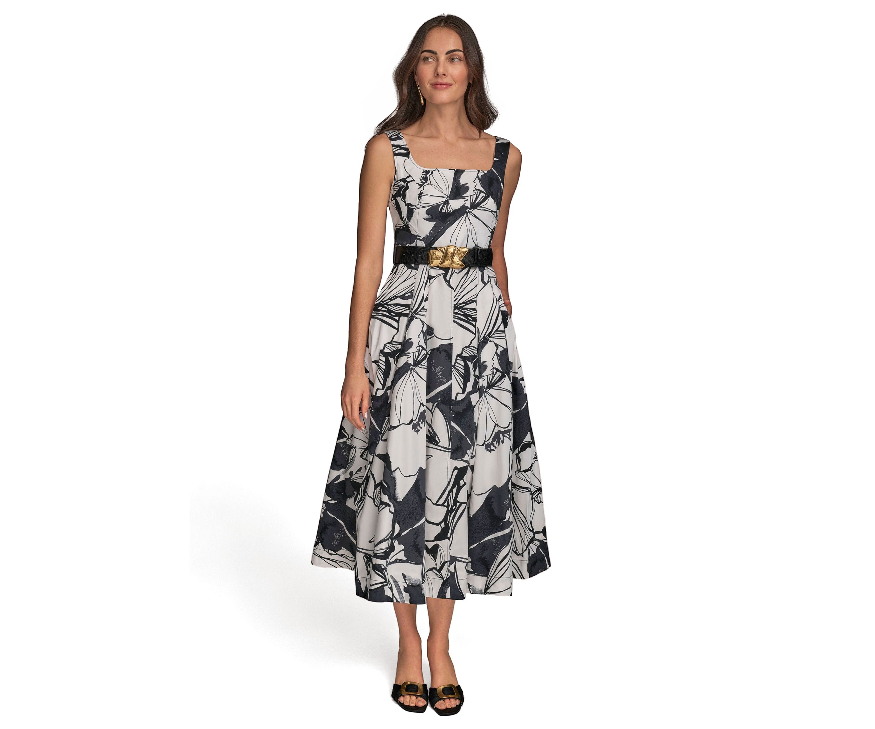 Womens Sleeveless Square Neck Floral Print Belted Midi Dress