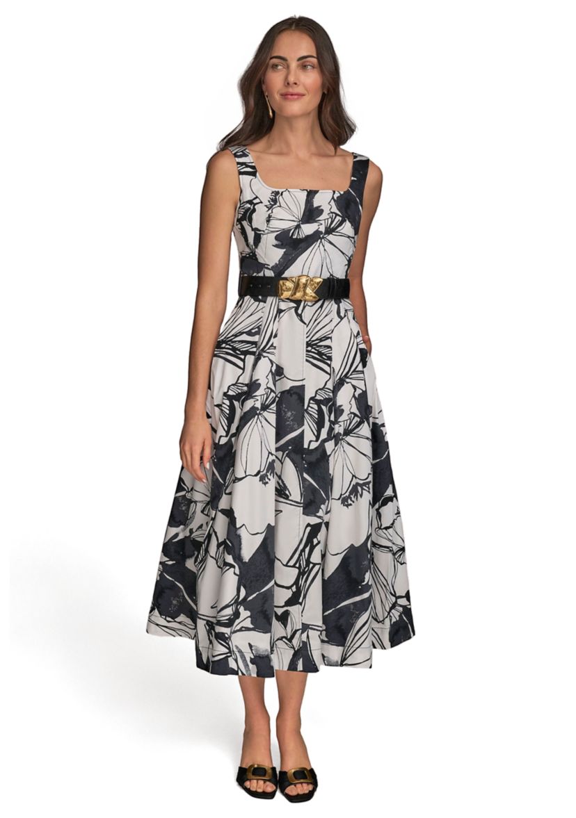 Womens Sleeveless Square Neck Floral Print Belted Midi Dress