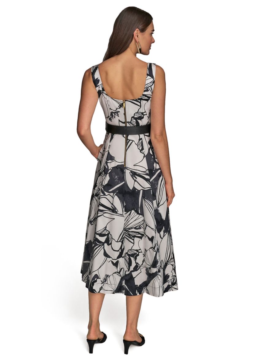Womens Sleeveless Square Neck Floral Print Belted Midi Dress