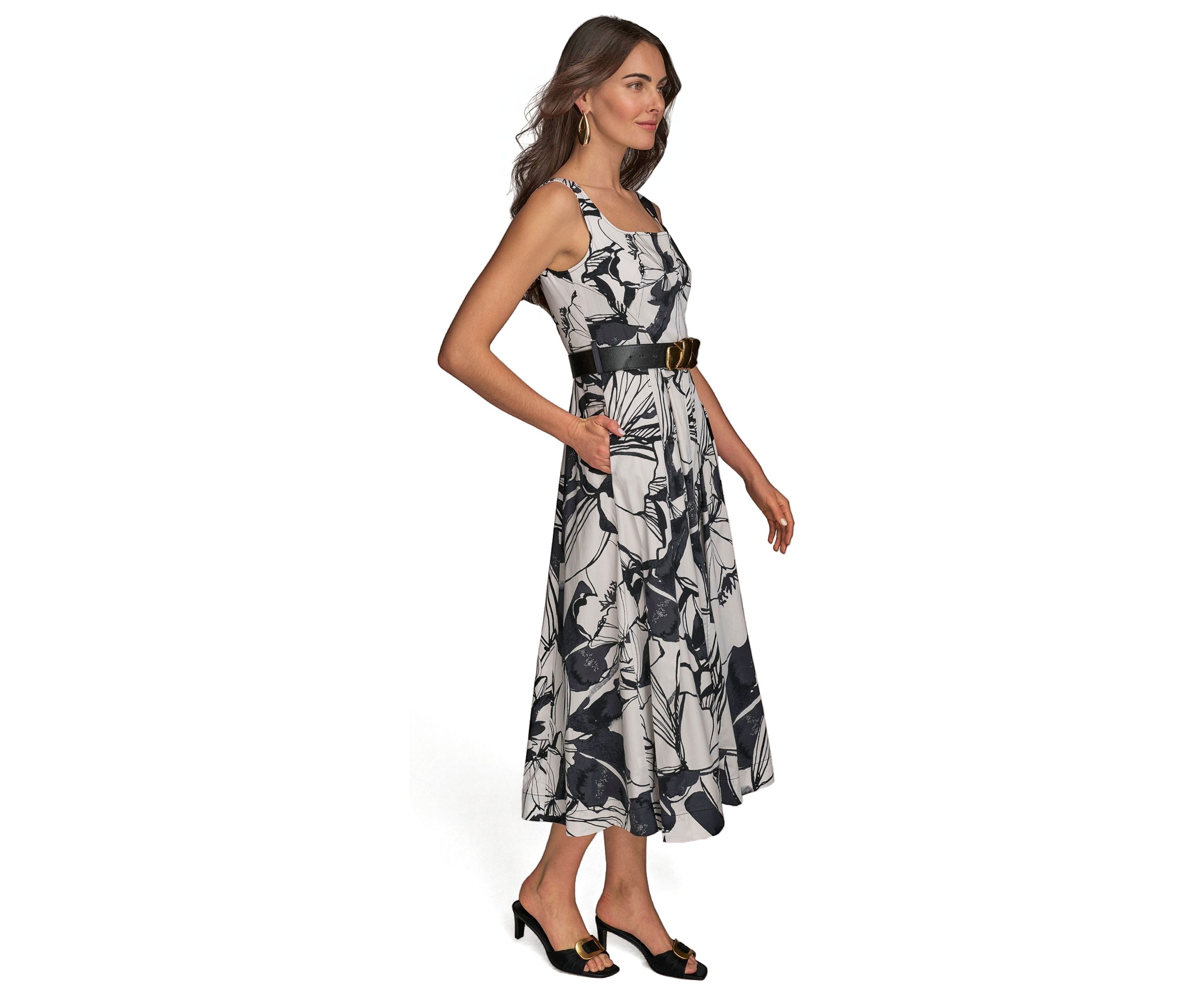 Womens Sleeveless Square Neck Floral Print Belted Midi Dress