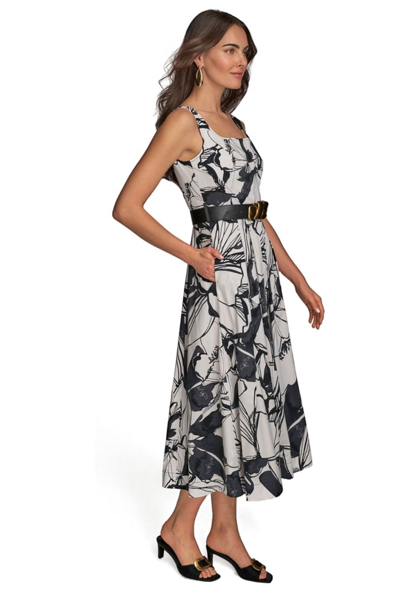 Womens Sleeveless Square Neck Floral Print Belted Midi Dress