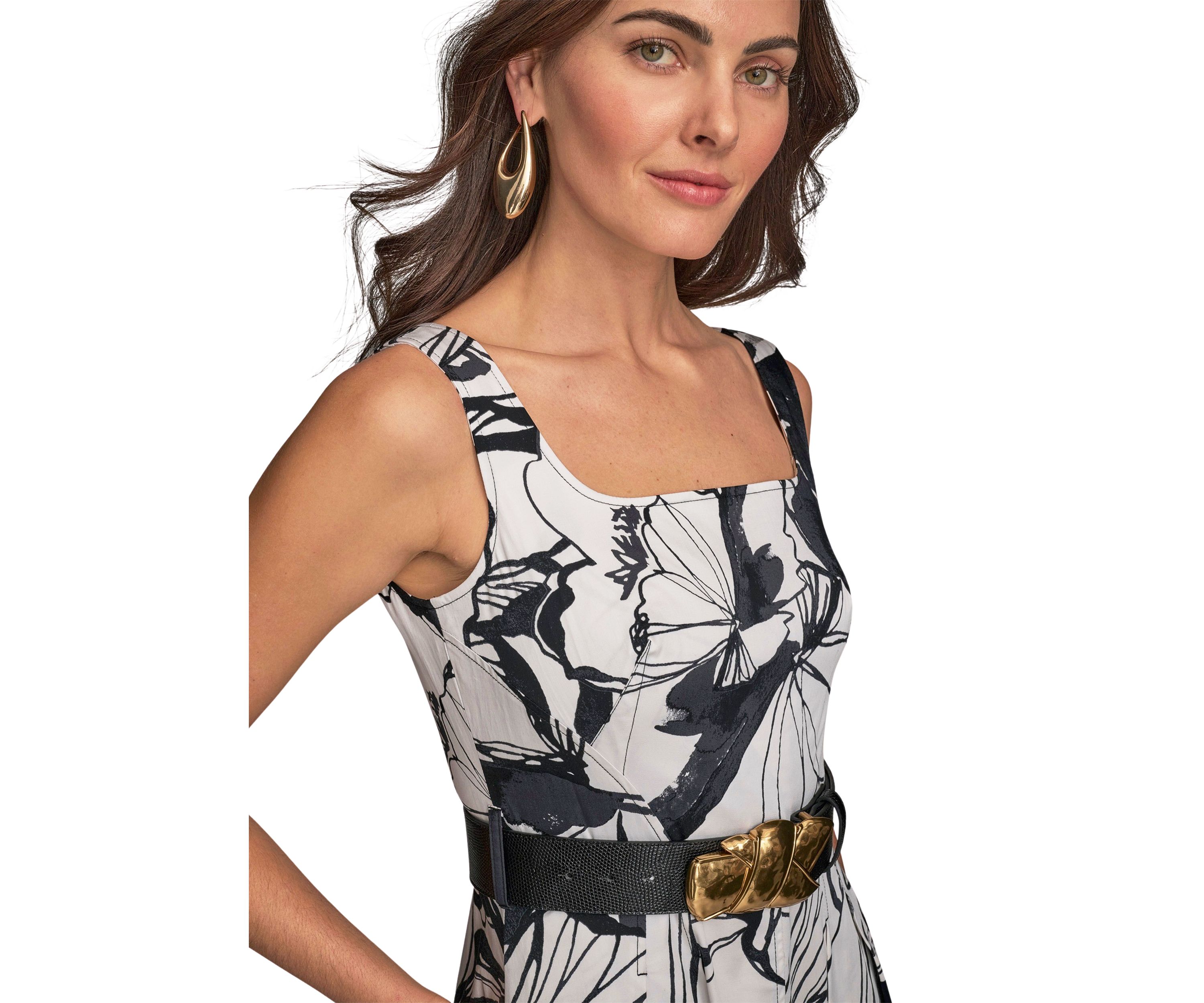 Womens Sleeveless Square Neck Floral Print Belted Midi Dress