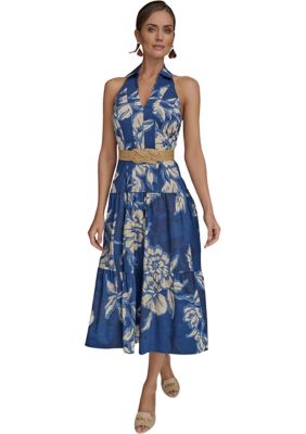 Donna Karan New York Women's Sleeveless Halter Neck Floral Print Midi Dress, Blue, 2