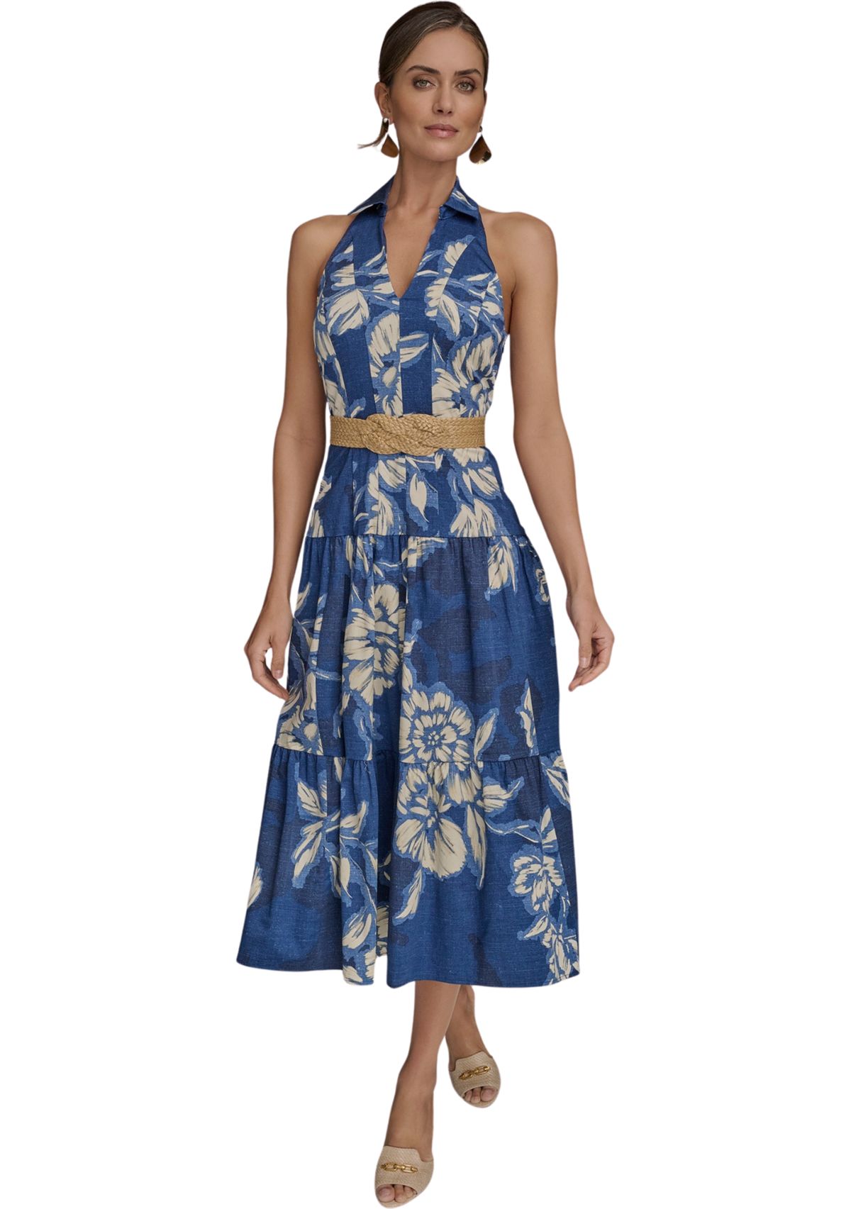 Womens Sleeveless Halter Neck Floral Print Midi Dress