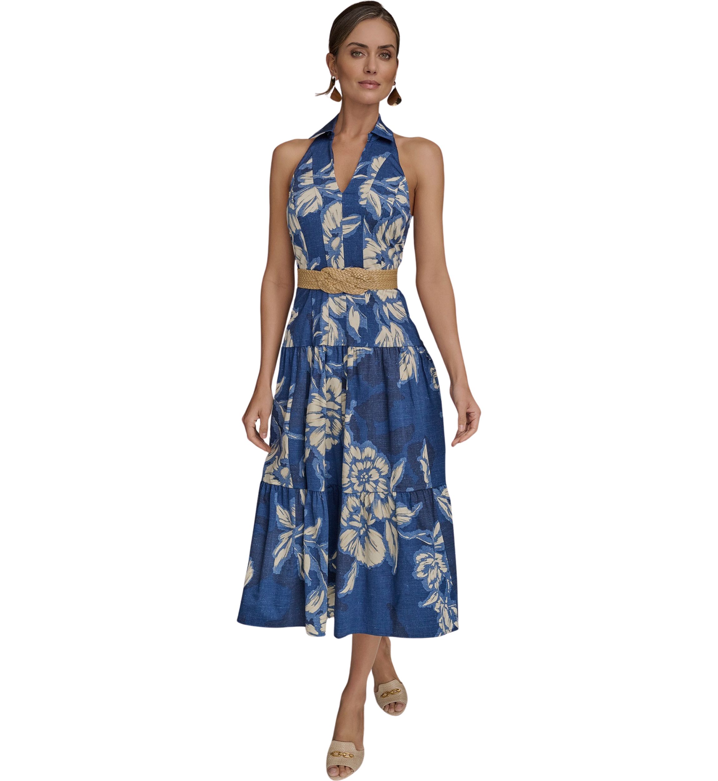 Womens Sleeveless Halter Neck Floral Print Midi Dress