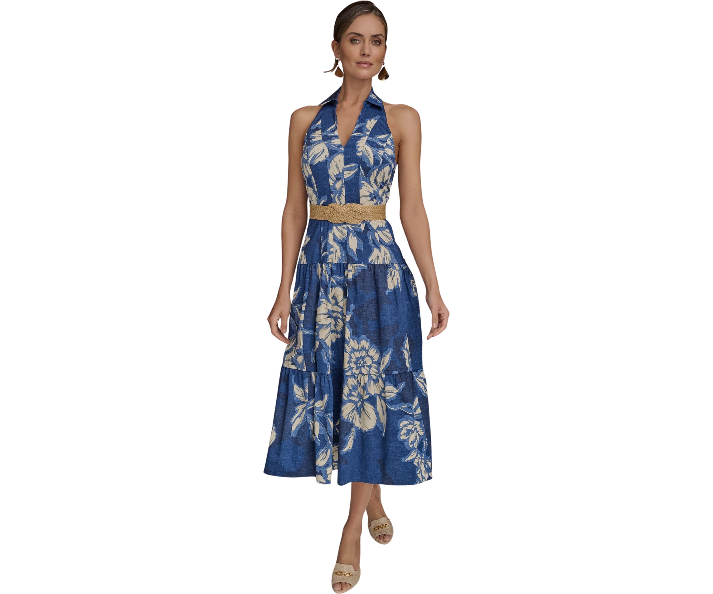 Womens Sleeveless Halter Neck Floral Print Midi Dress