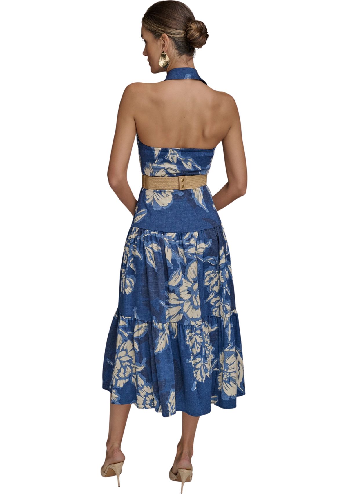 Womens Sleeveless Halter Neck Floral Print Midi Dress