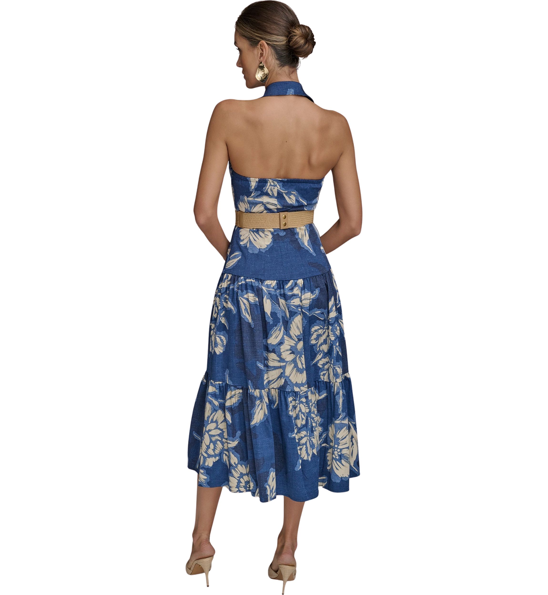 Womens Sleeveless Halter Neck Floral Print Midi Dress