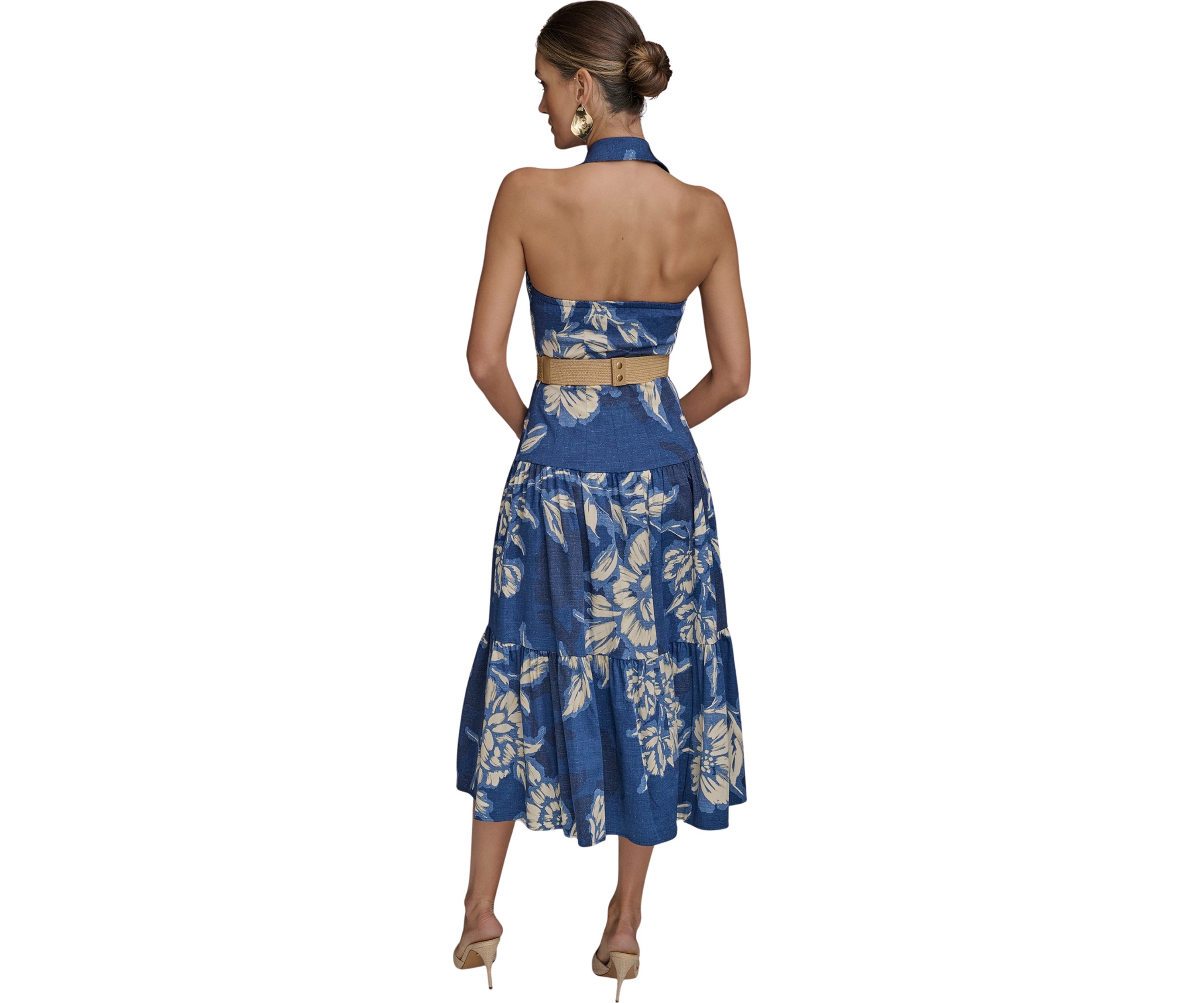 Womens Sleeveless Halter Neck Floral Print Midi Dress