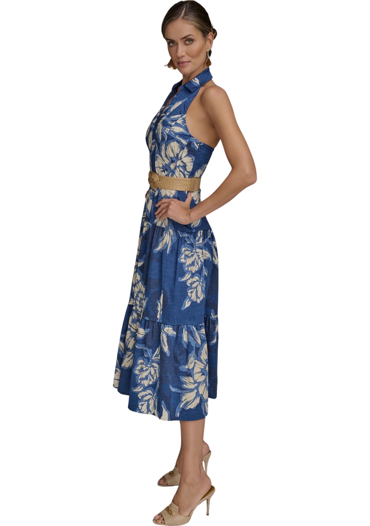 Womens Sleeveless Halter Neck Floral Print Midi Dress