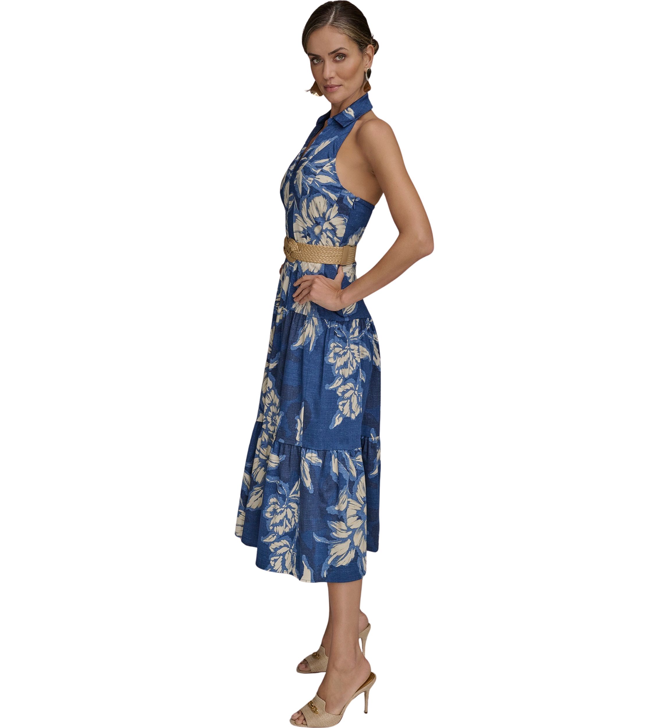 Womens Sleeveless Halter Neck Floral Print Midi Dress