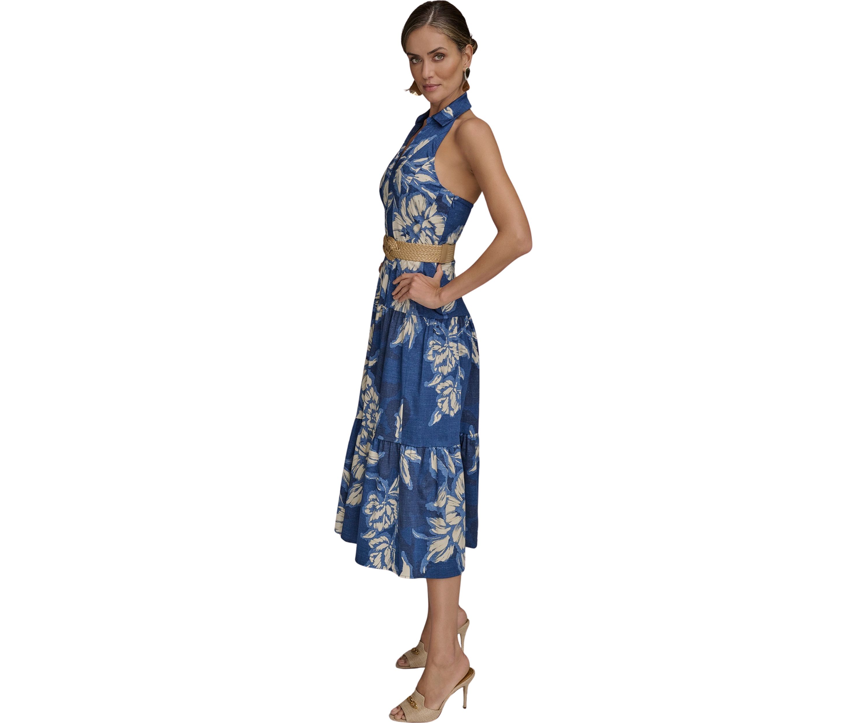 Womens Sleeveless Halter Neck Floral Print Midi Dress
