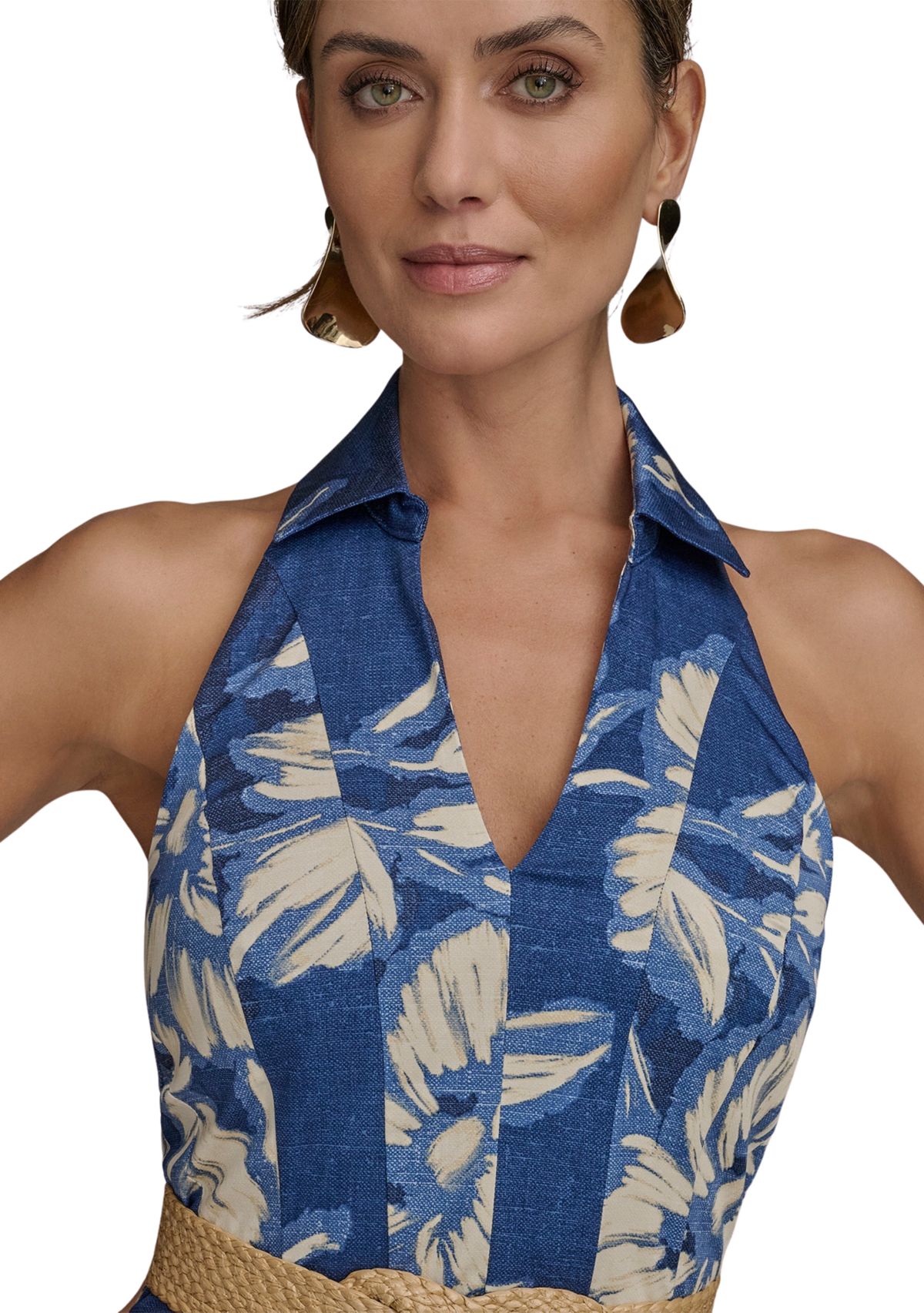 Womens Sleeveless Halter Neck Floral Print Midi Dress