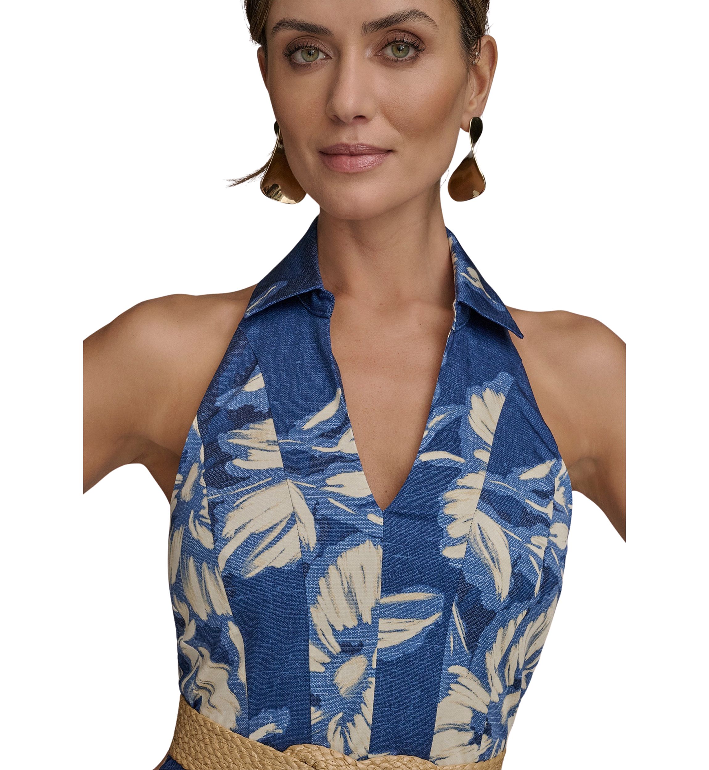 Womens Sleeveless Halter Neck Floral Print Midi Dress