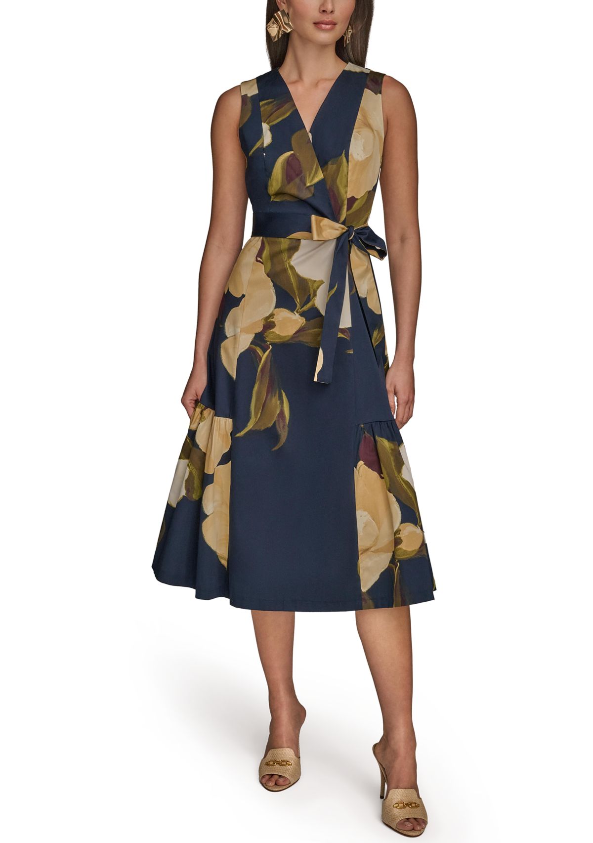 Womens Sleeveless V-Neck Floral Print Satin Midi Dress