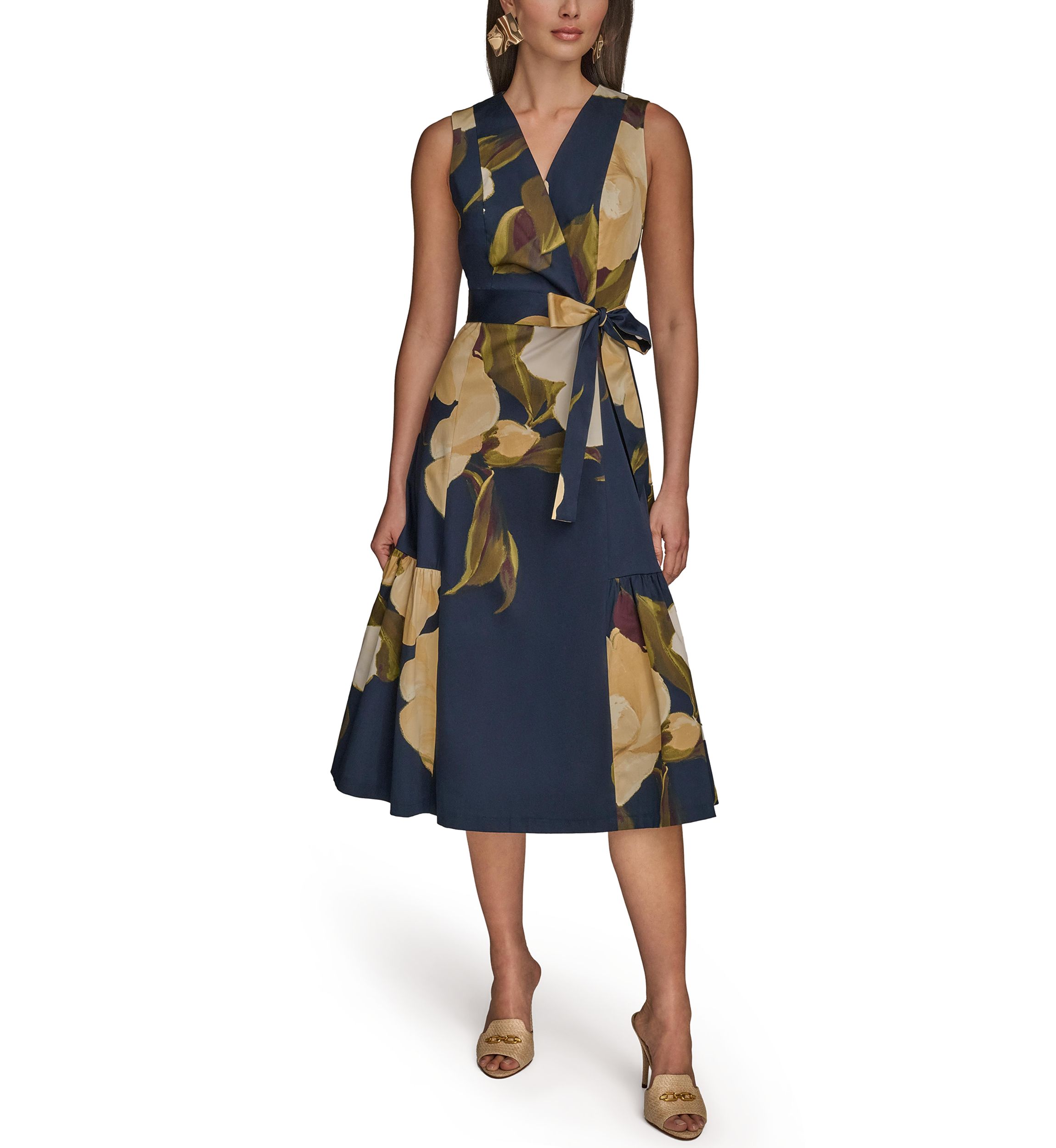 Womens Sleeveless V-Neck Floral Print Satin Midi Dress