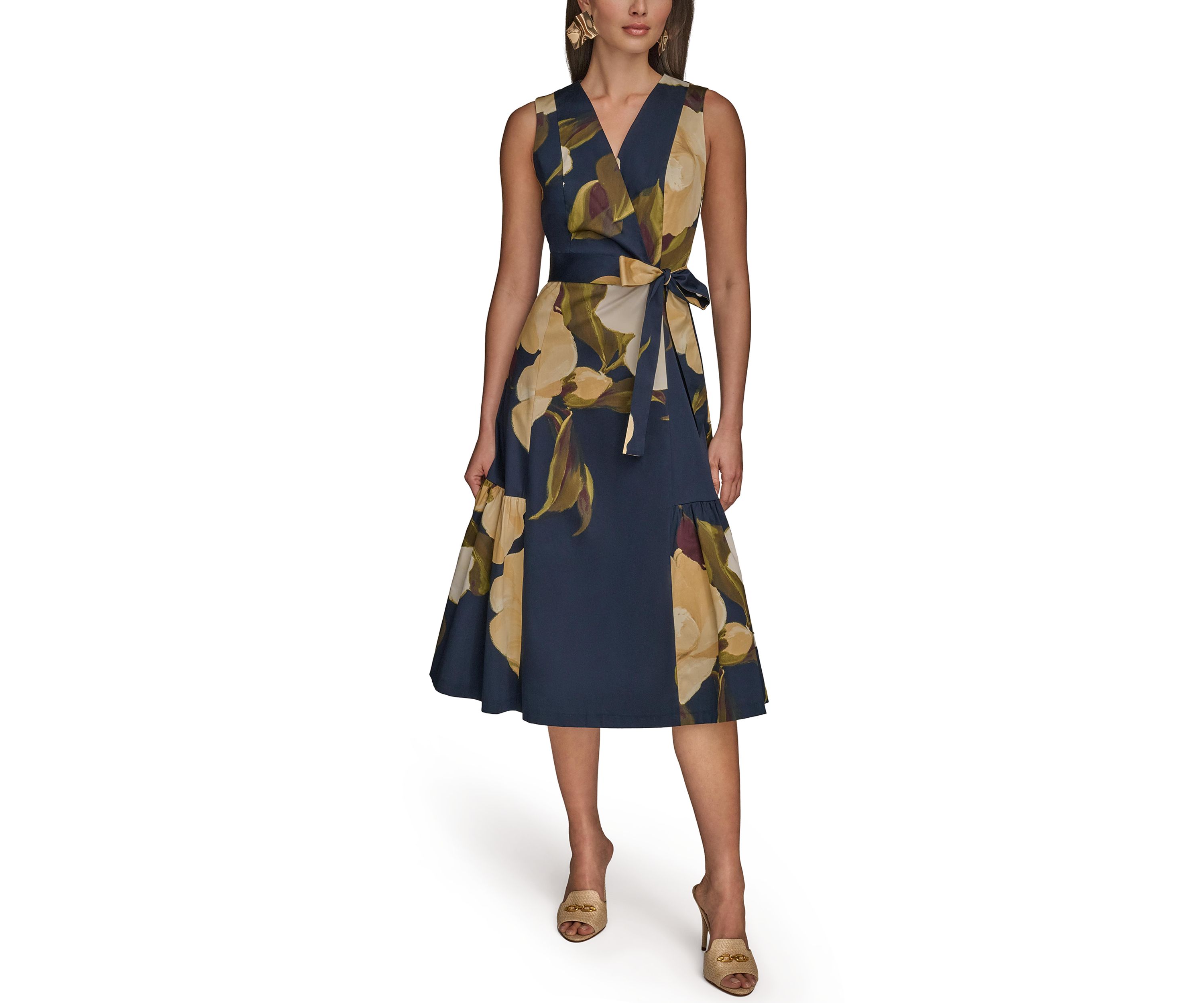 Womens Sleeveless V-Neck Floral Print Satin Midi Dress