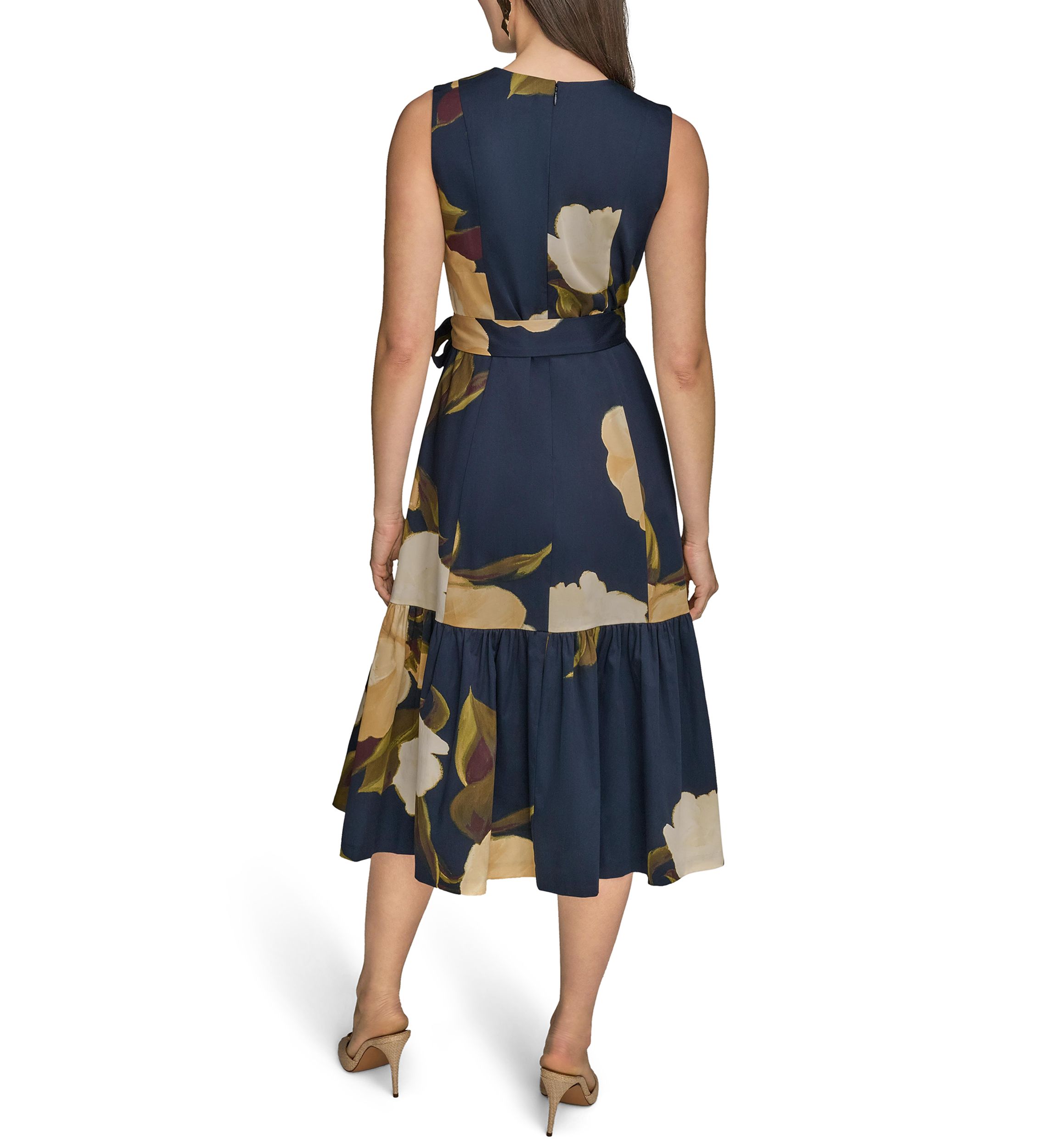 Womens Sleeveless V-Neck Floral Print Satin Midi Dress