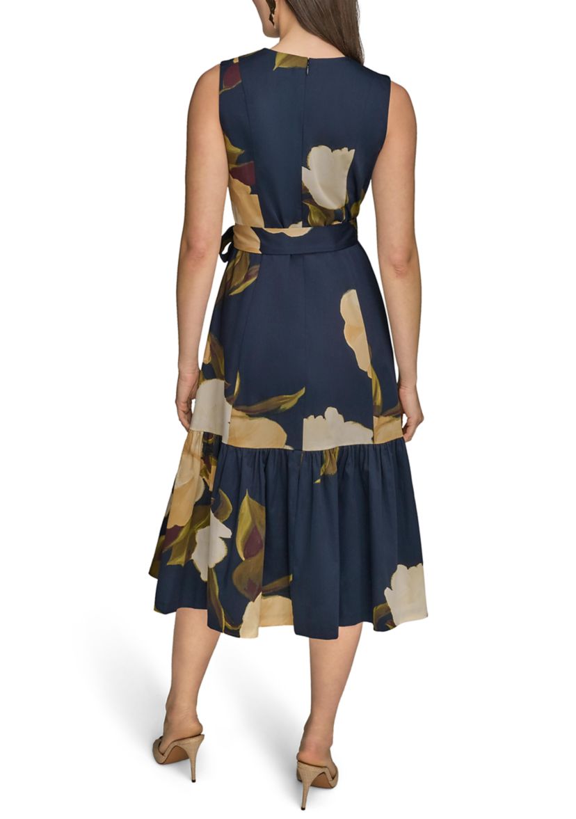 Womens Sleeveless V-Neck Floral Print Satin Midi Dress
