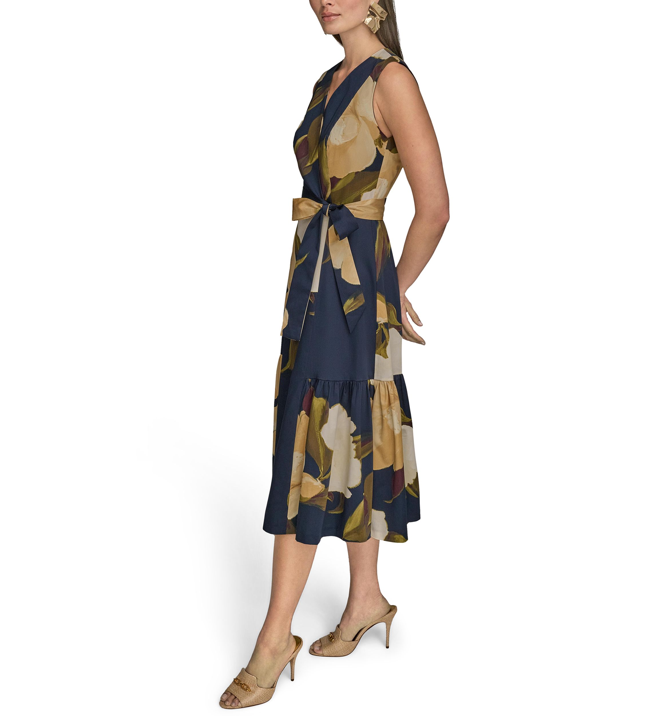 Womens Sleeveless V-Neck Floral Print Satin Midi Dress