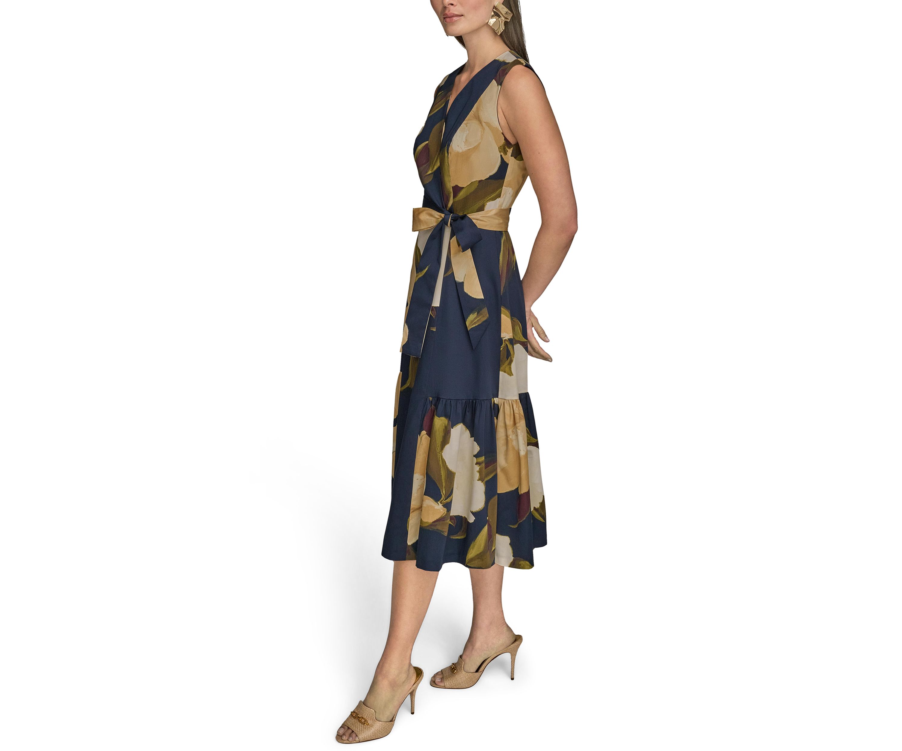 Womens Sleeveless V-Neck Floral Print Satin Midi Dress