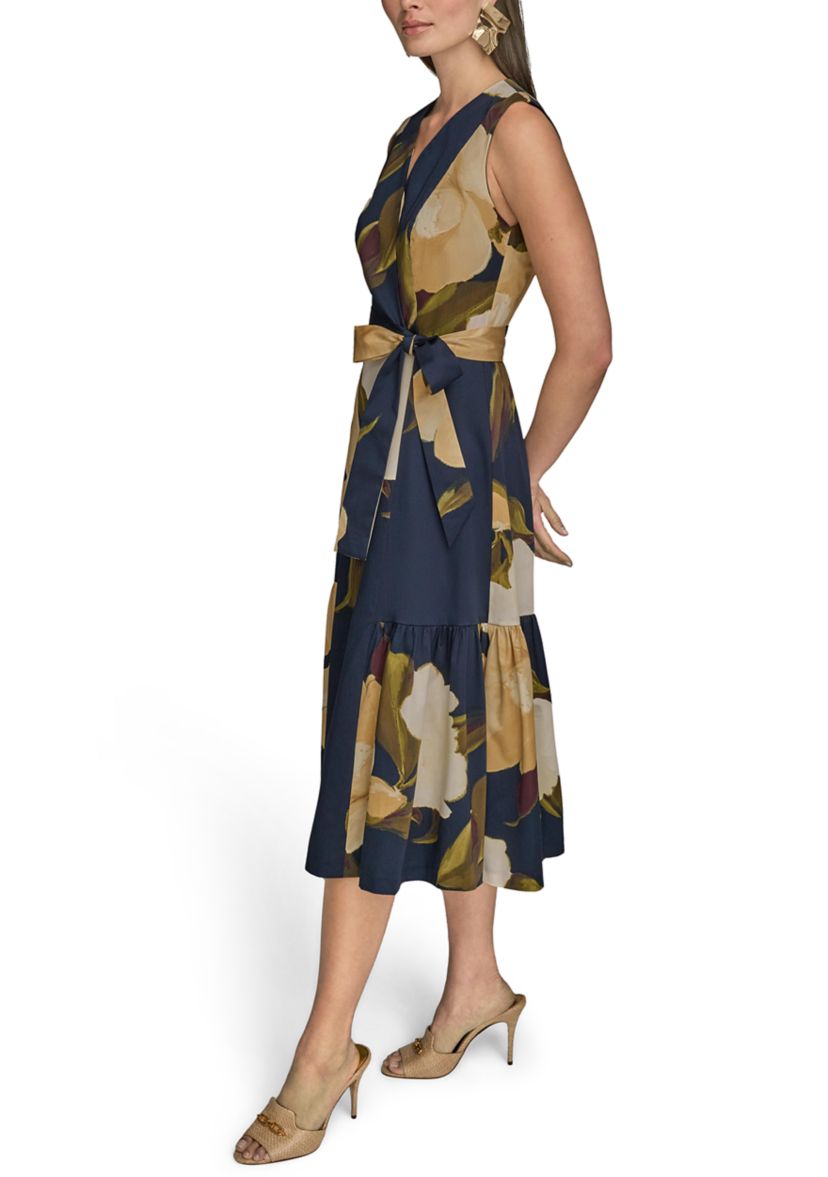 Womens Sleeveless V-Neck Floral Print Satin Midi Dress