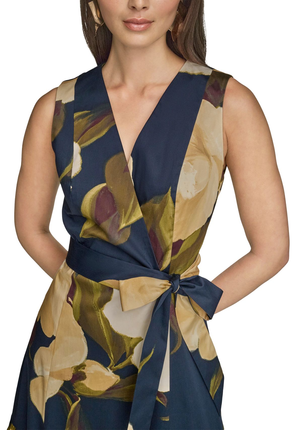 Womens Sleeveless V-Neck Floral Print Satin Midi Dress