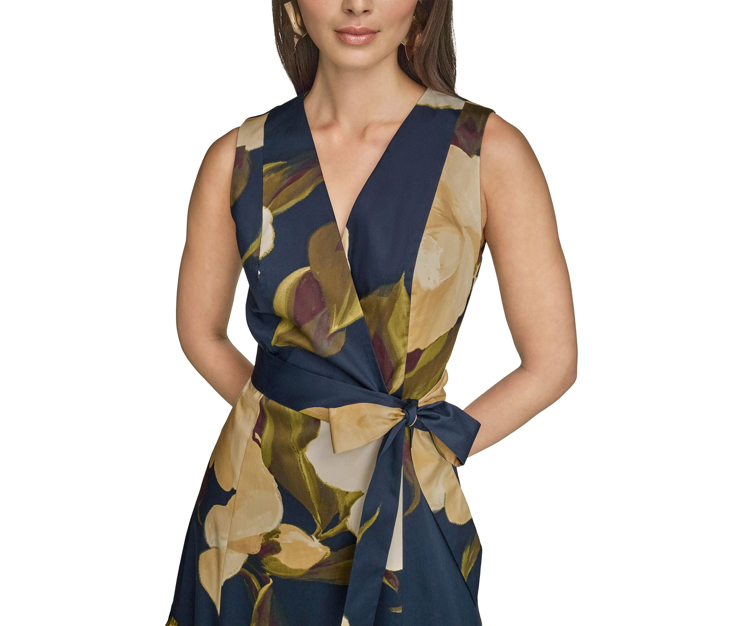Womens Sleeveless V-Neck Floral Print Satin Midi Dress