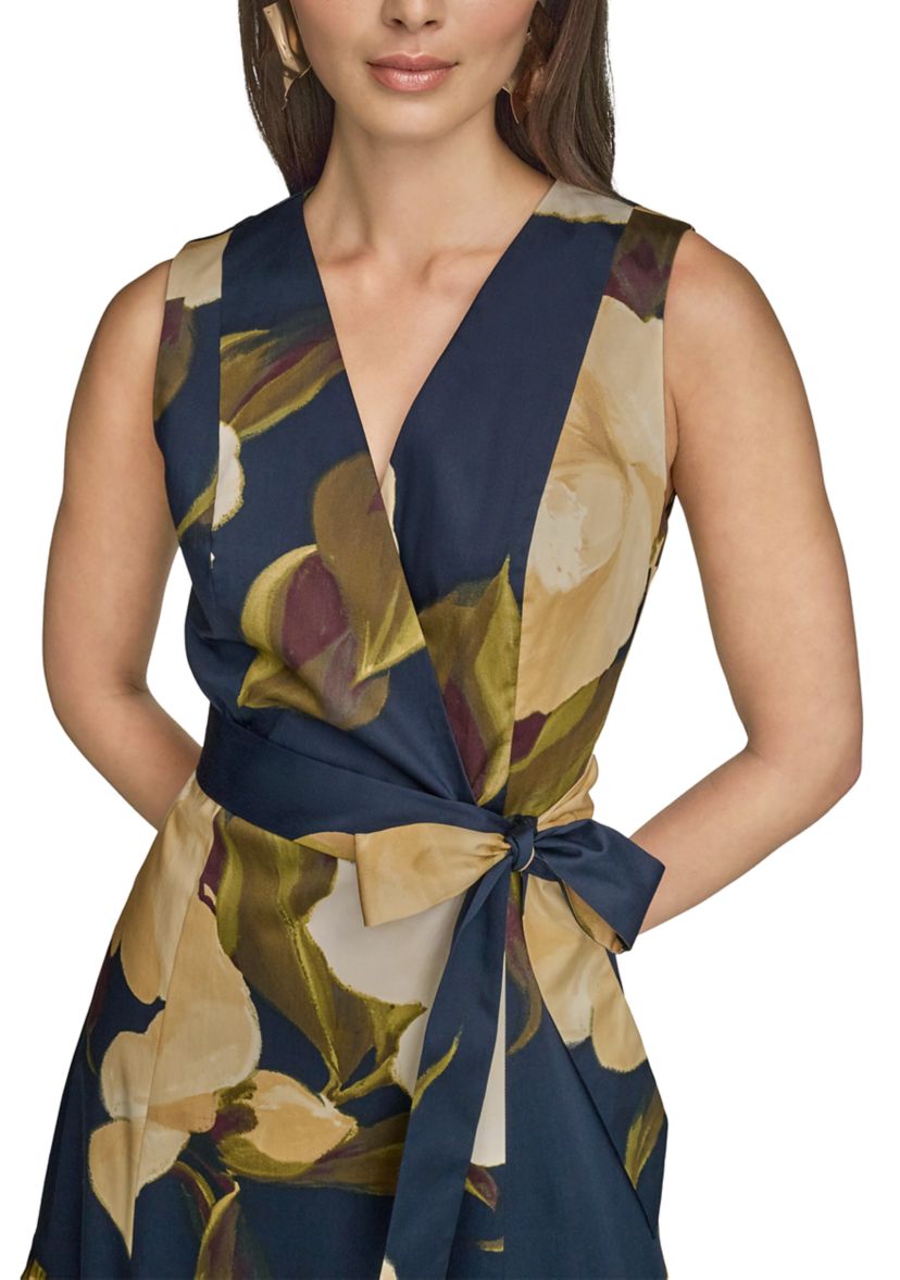Womens Sleeveless V-Neck Floral Print Satin Midi Dress