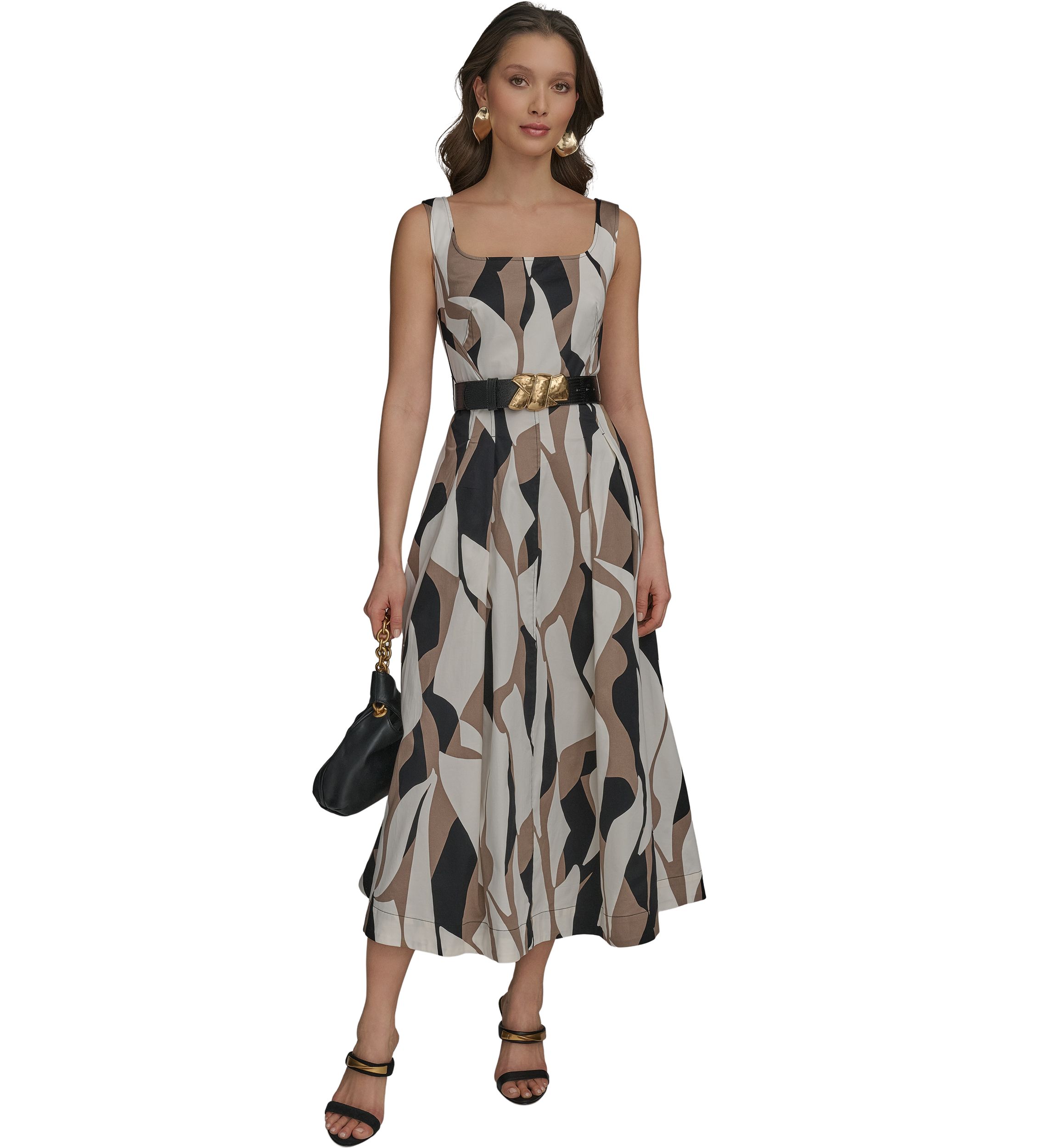 Womens Sleeveless Square Neck Abstract Print Maxi Dress