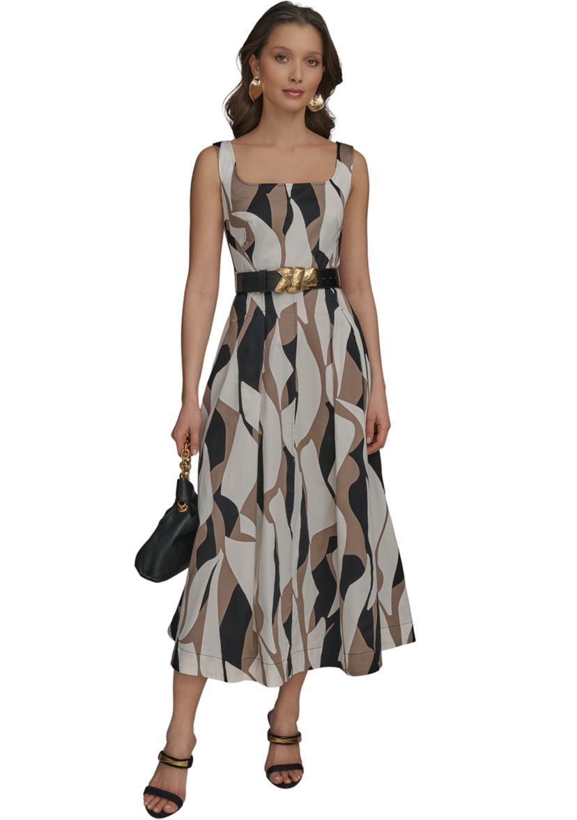 Womens Sleeveless Square Neck Abstract Print Maxi Dress