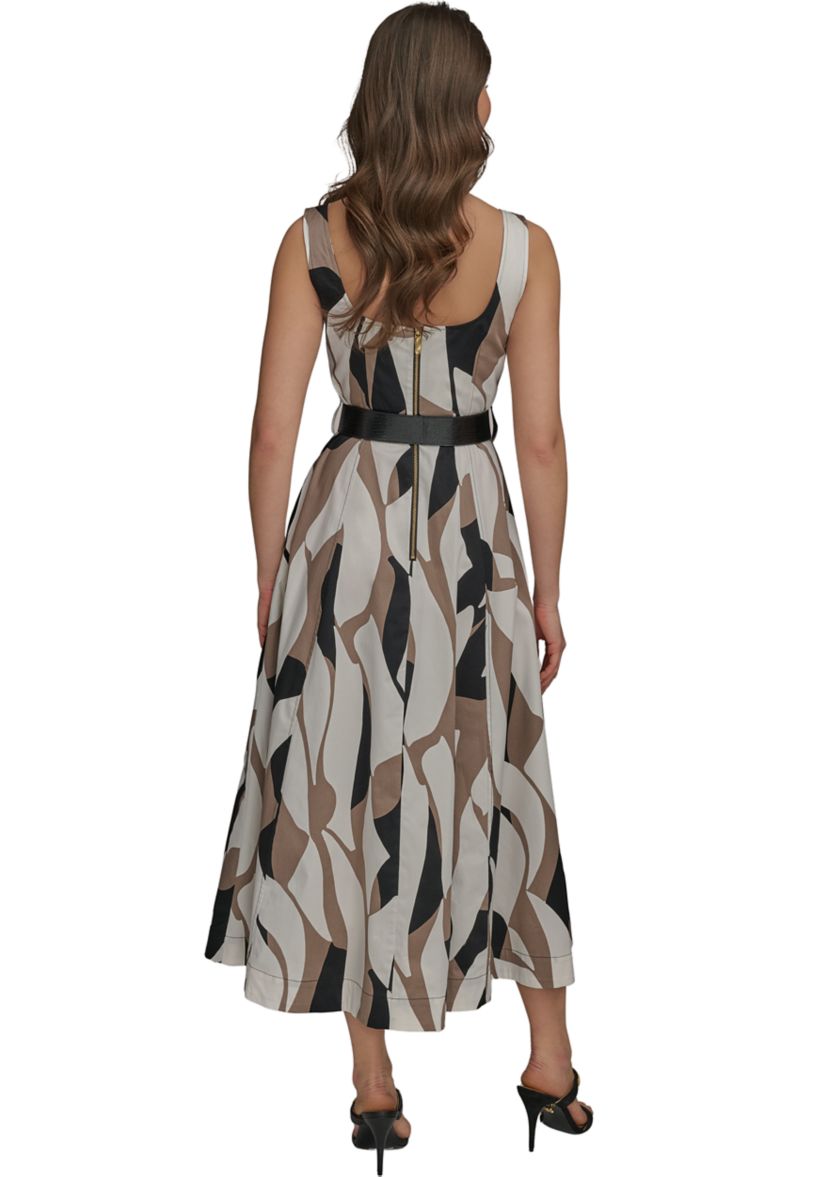 Womens Sleeveless Square Neck Abstract Print Maxi Dress