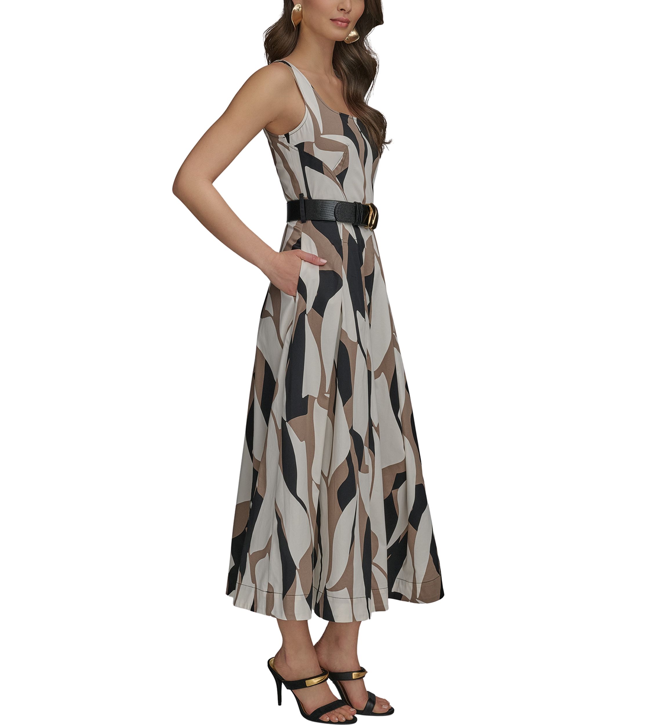 Womens Sleeveless Square Neck Abstract Print Maxi Dress