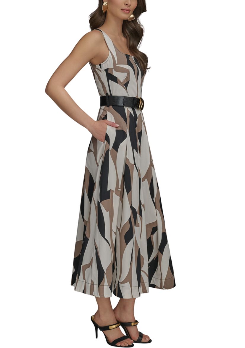 Womens Sleeveless Square Neck Abstract Print Maxi Dress
