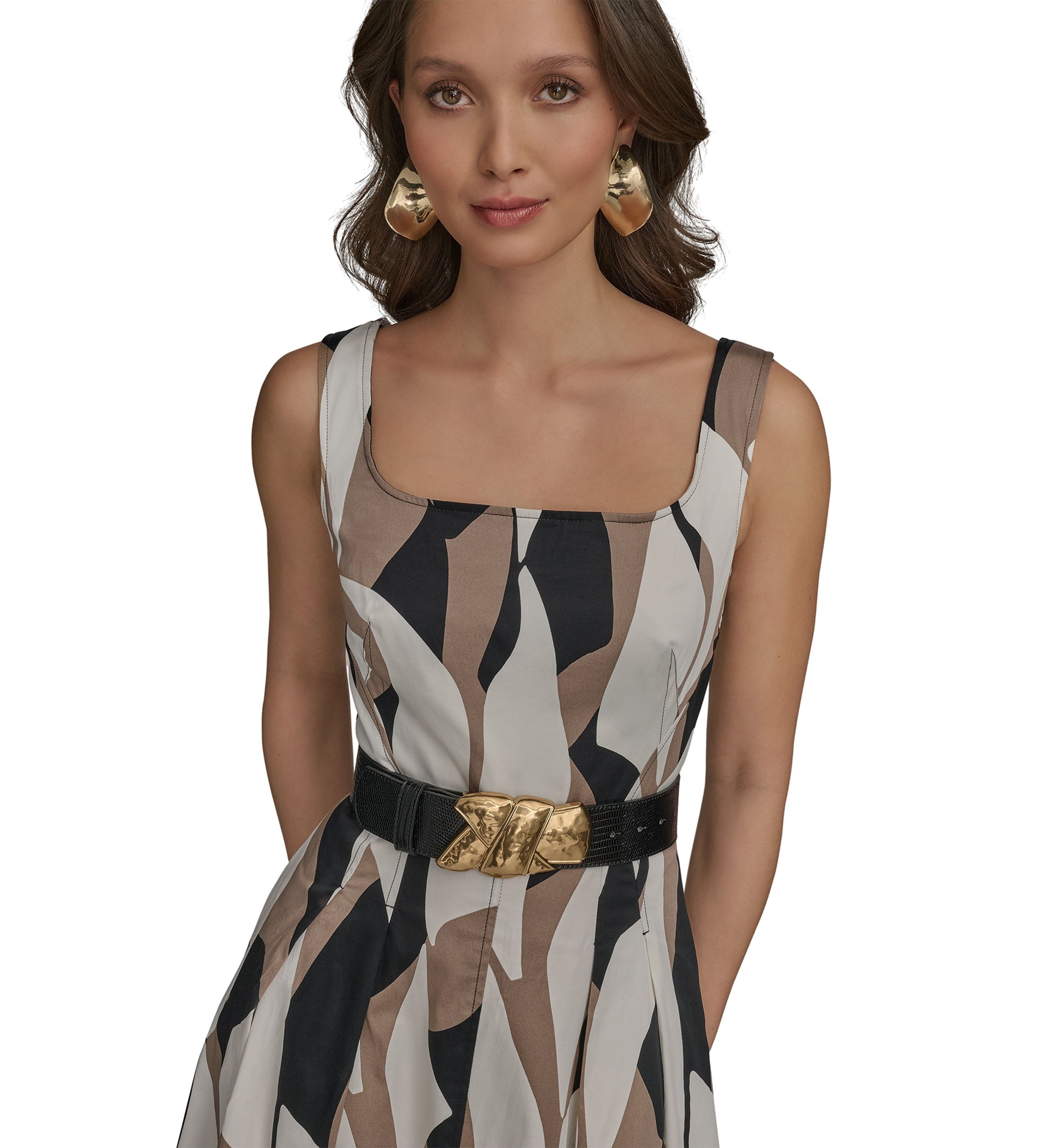 Womens Sleeveless Square Neck Abstract Print Maxi Dress