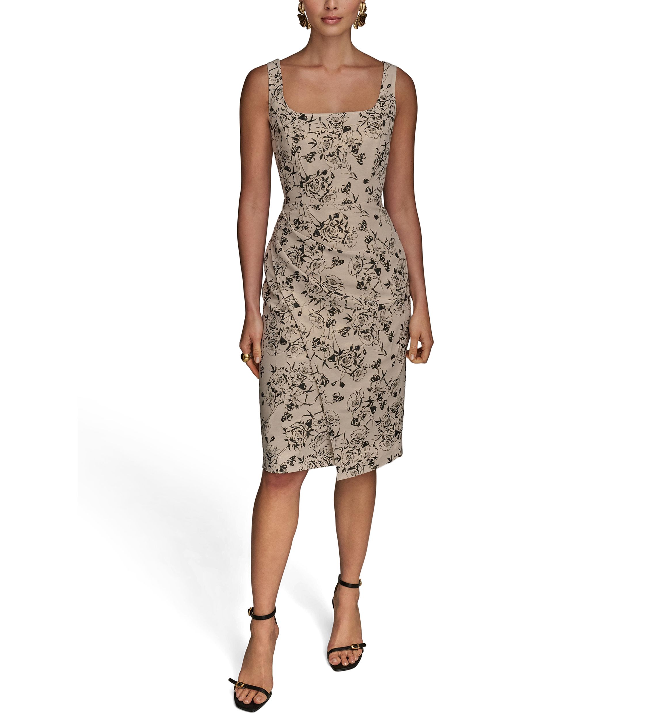 Womens Sleeveless Square Neck Printed Scuba Sheath Dress