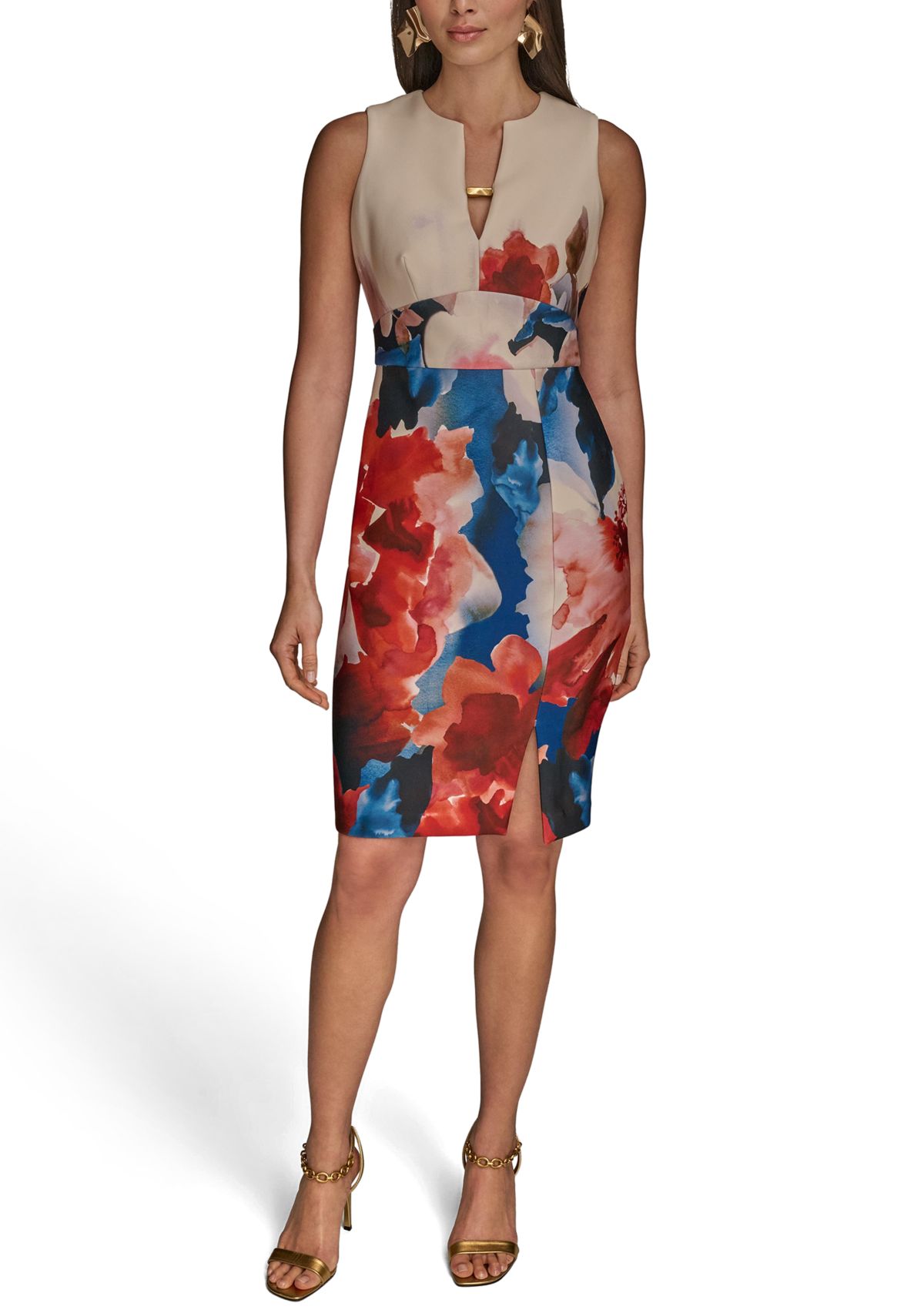 Womens Sleeveless Split Neck Floral Dress