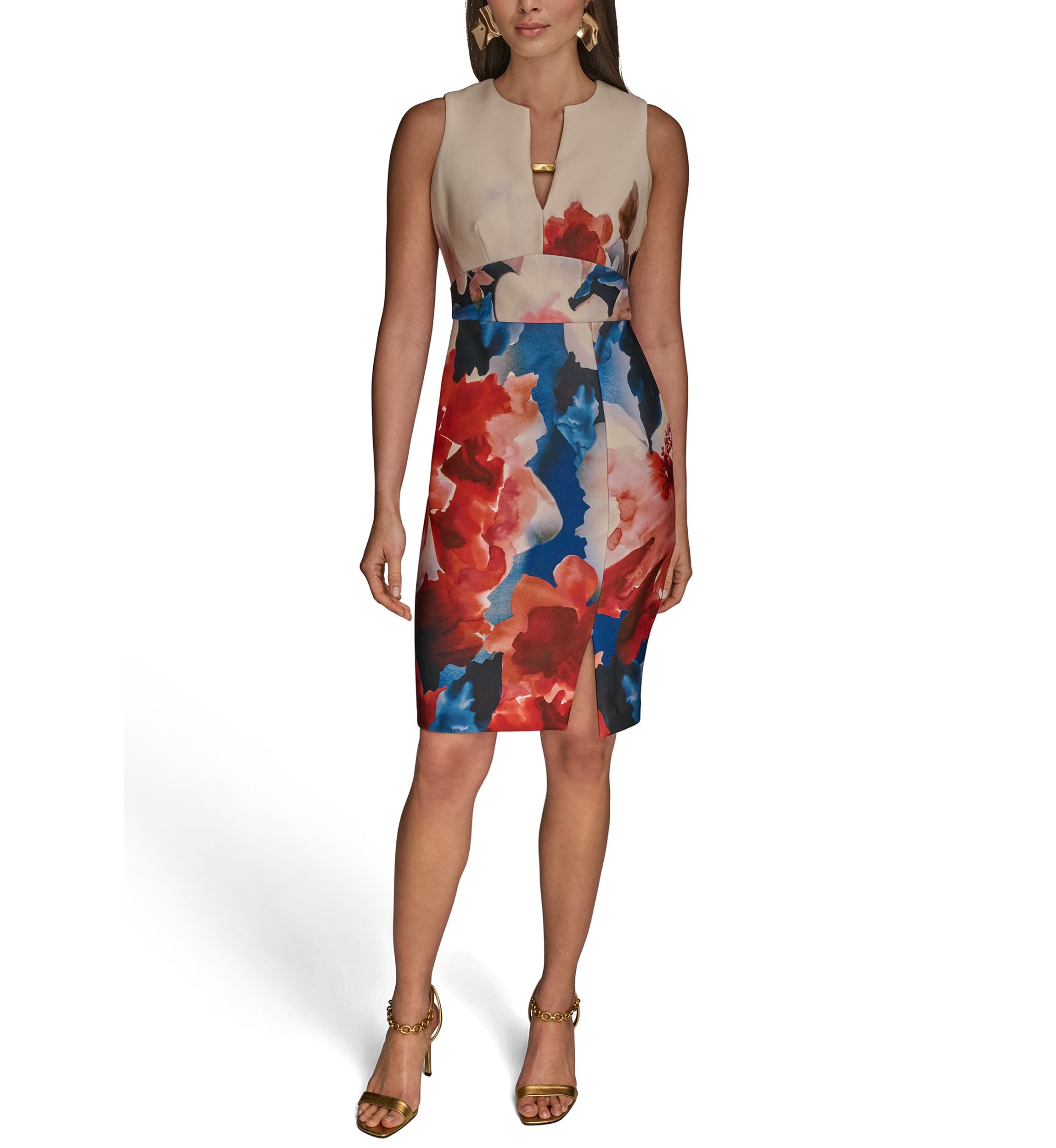 Womens Sleeveless Split Neck Floral Dress