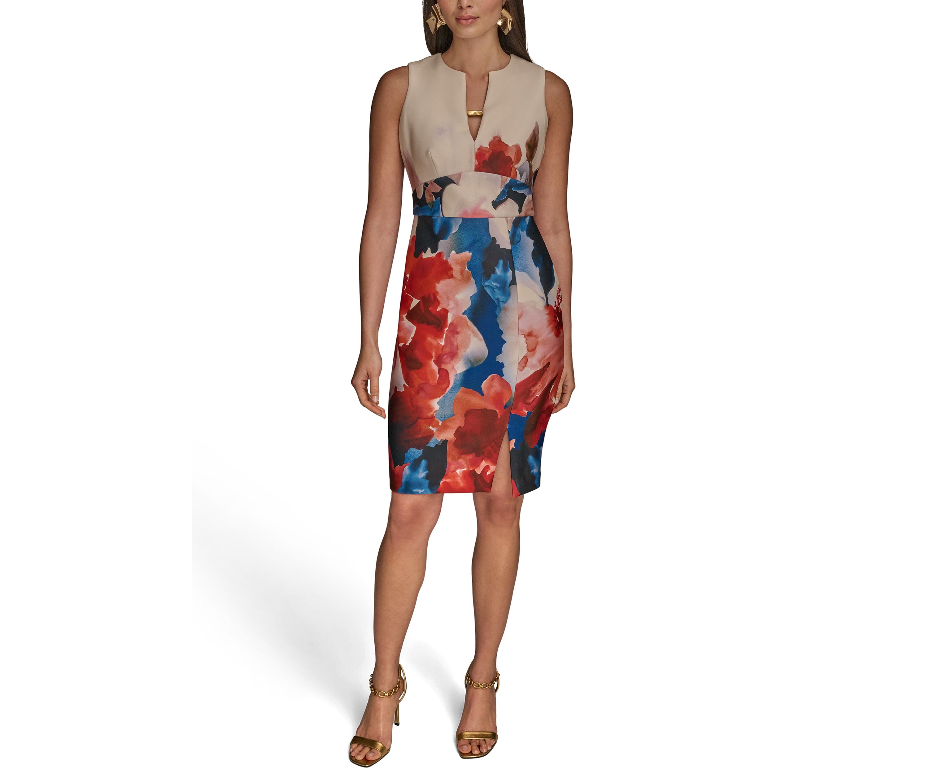 Womens Sleeveless Split Neck Floral Dress