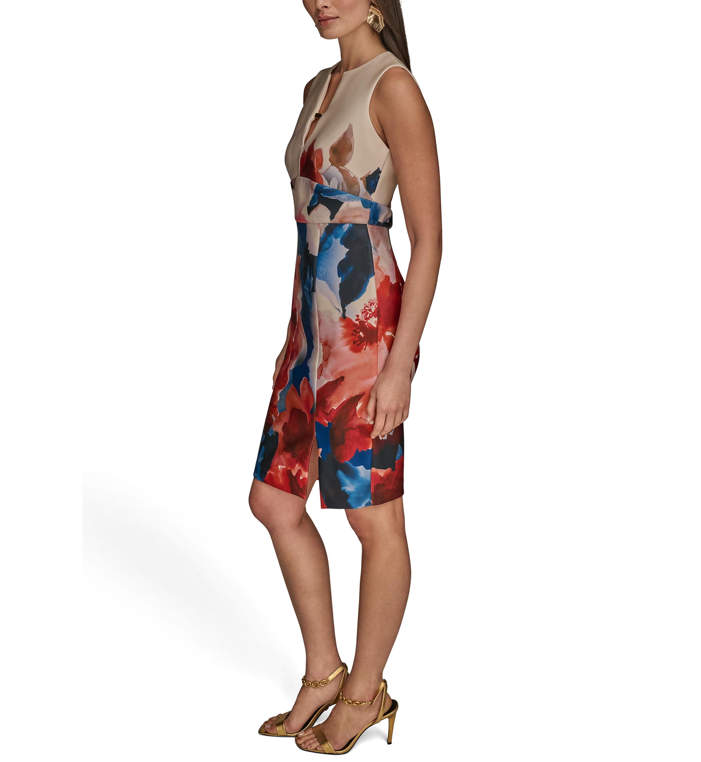 Womens Sleeveless Split Neck Floral Dress