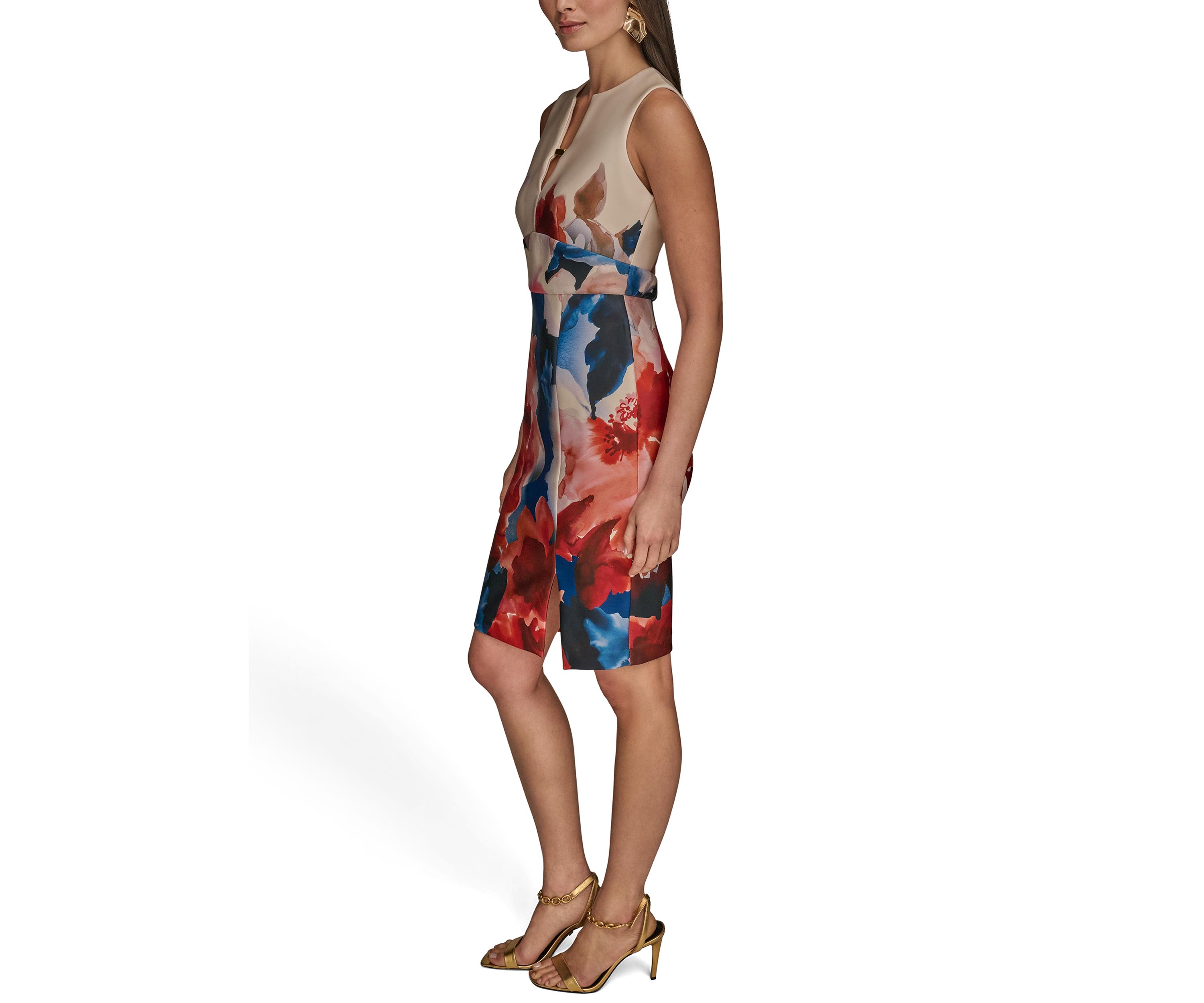 Womens Sleeveless Split Neck Floral Dress