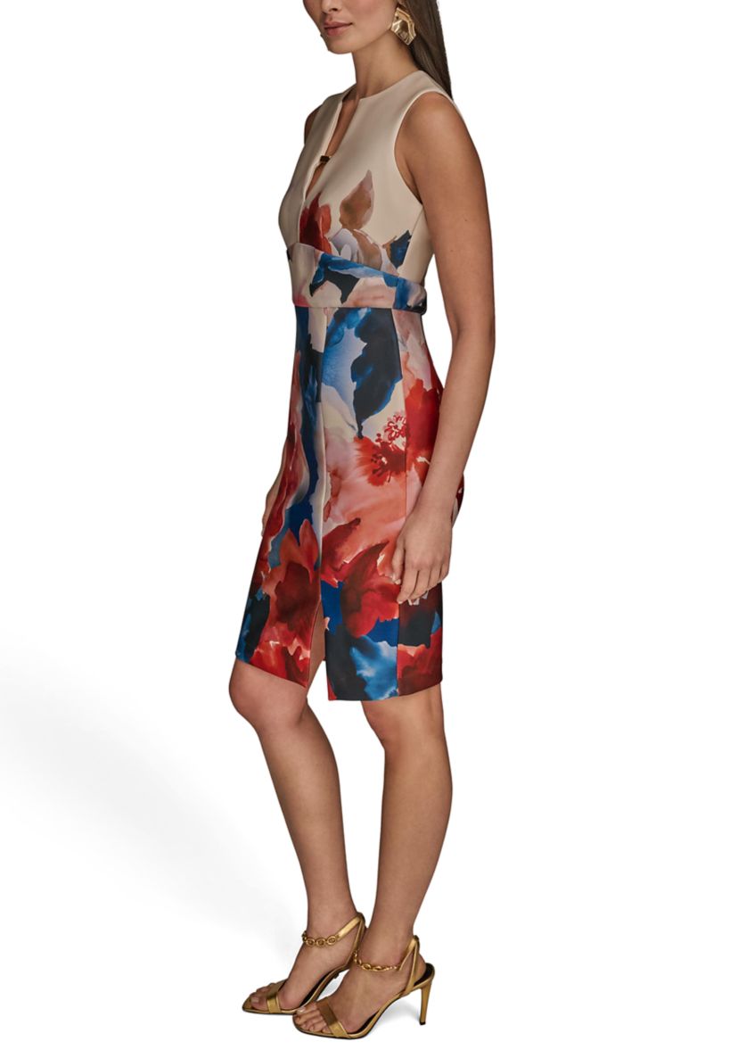 Womens Sleeveless Split Neck Floral Dress