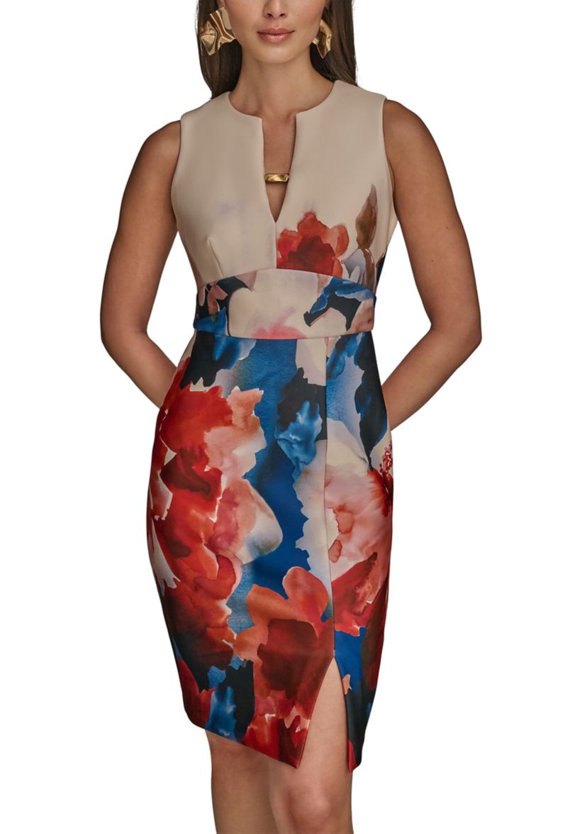 Womens Sleeveless Split Neck Floral Dress