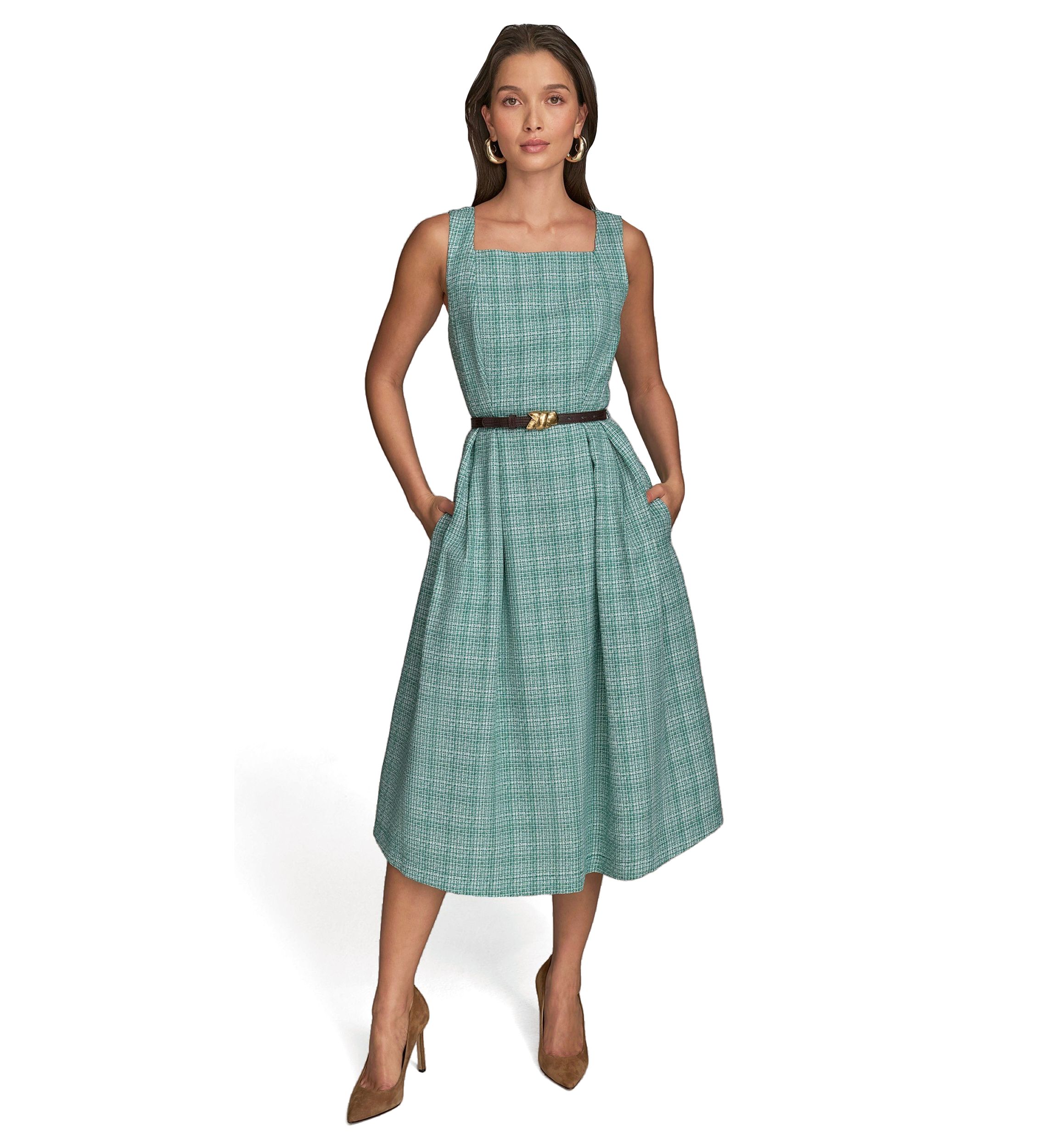 Womens Sleeveless Square Neck Printed Tweed Fit and Flare Dress