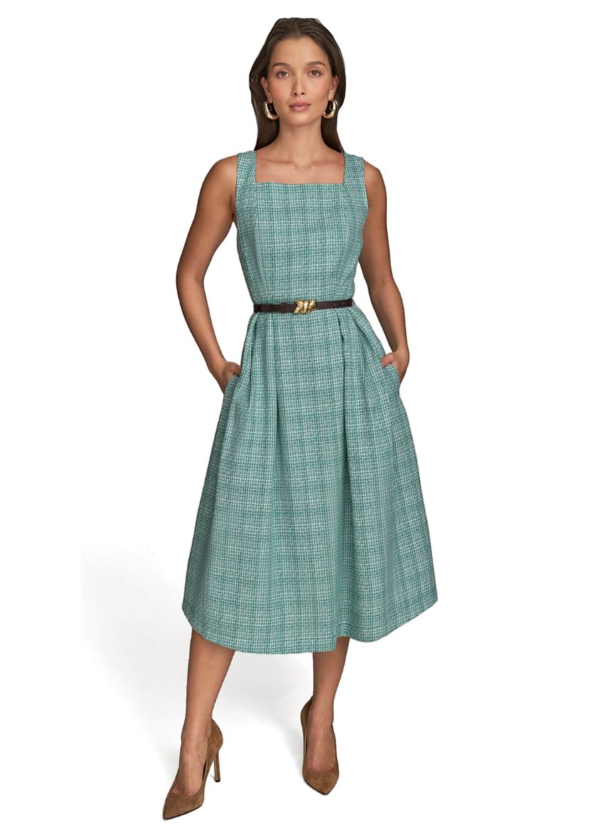 Womens Sleeveless Square Neck Printed Tweed Fit and Flare Dress