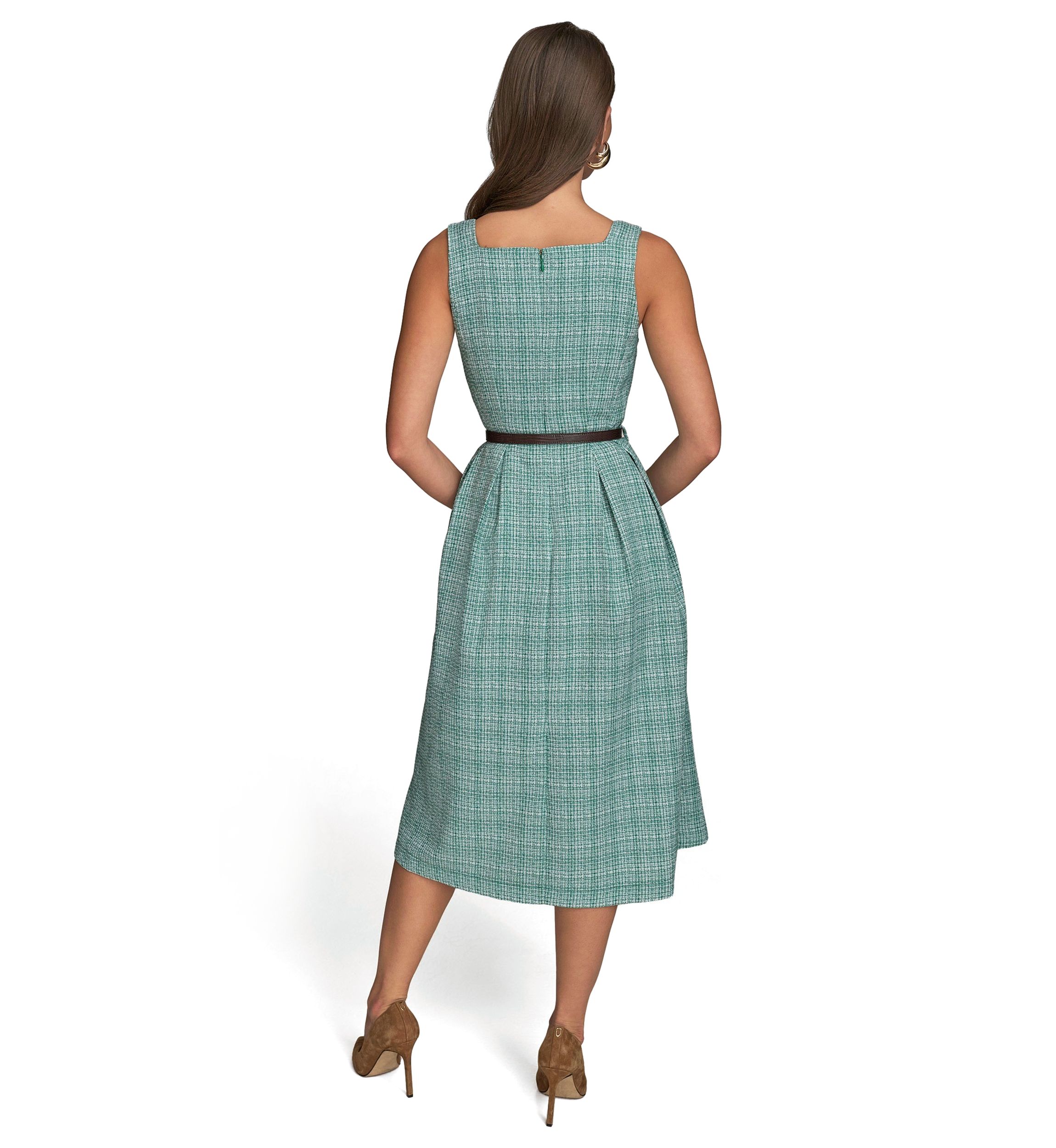 Womens Sleeveless Square Neck Printed Tweed Fit and Flare Dress
