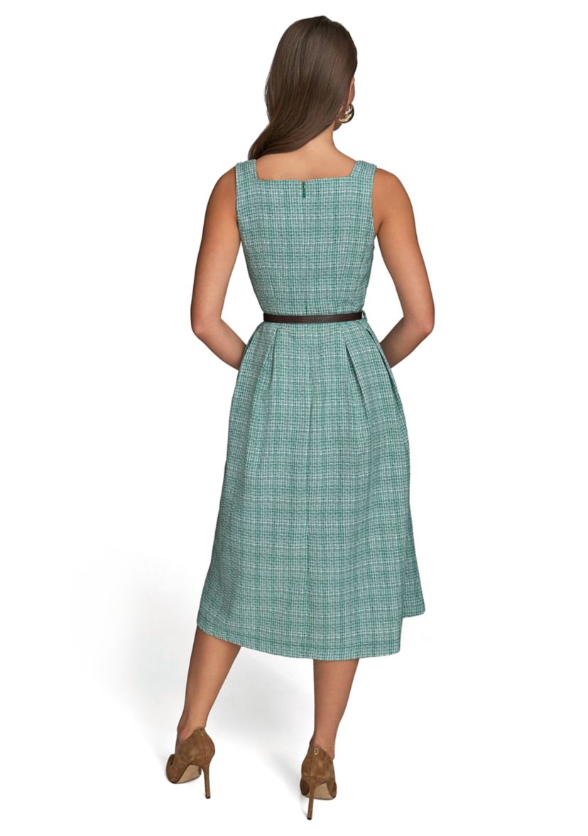 Womens Sleeveless Square Neck Printed Tweed Fit and Flare Dress