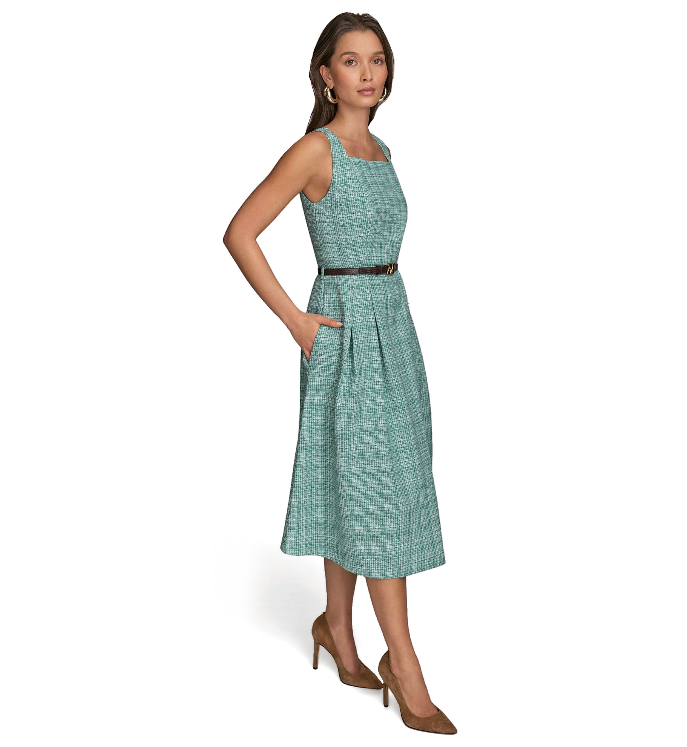Womens Sleeveless Square Neck Printed Tweed Fit and Flare Dress